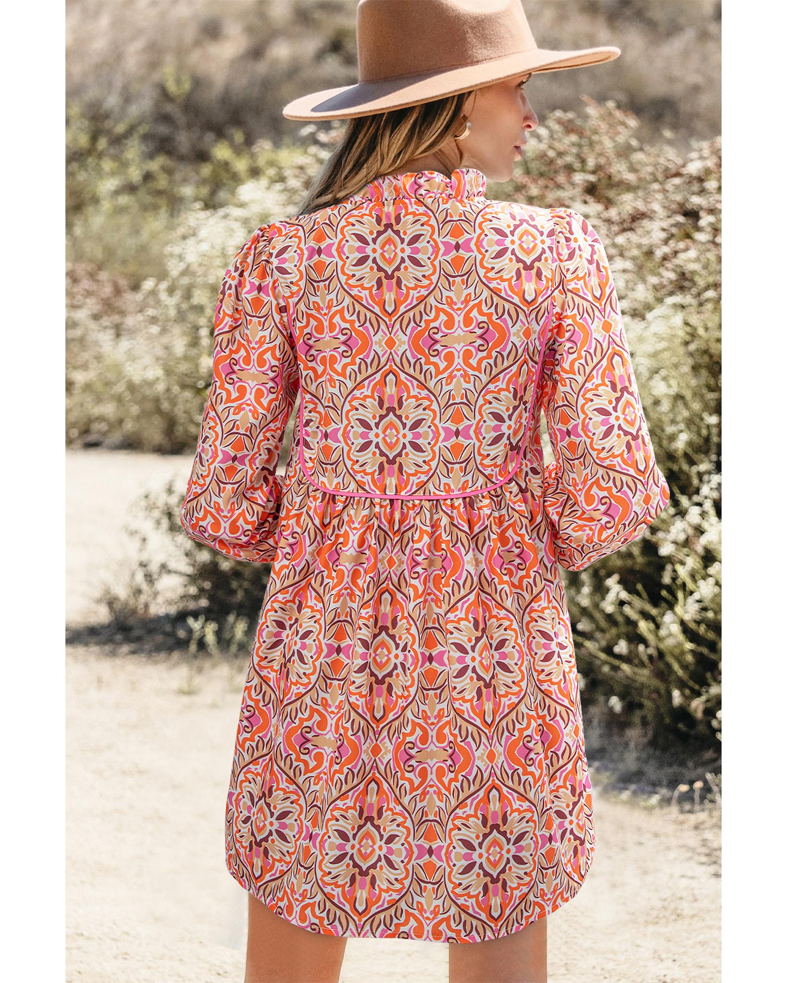 Khaki Abstract Printed Long Sleeve Tied Neckline Mini Dress - M