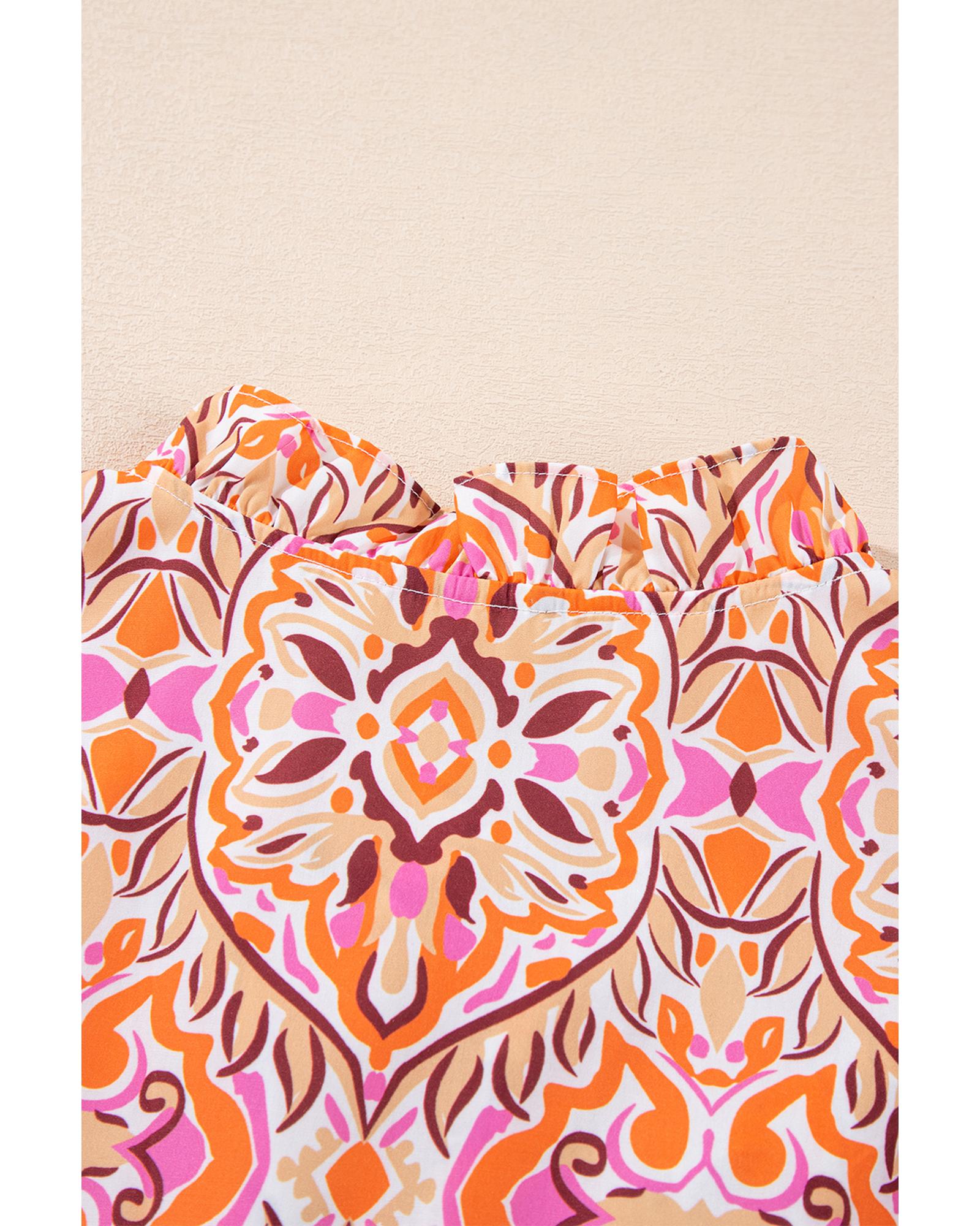 Khaki Abstract Printed Long Sleeve Tied Neckline Mini Dress - S