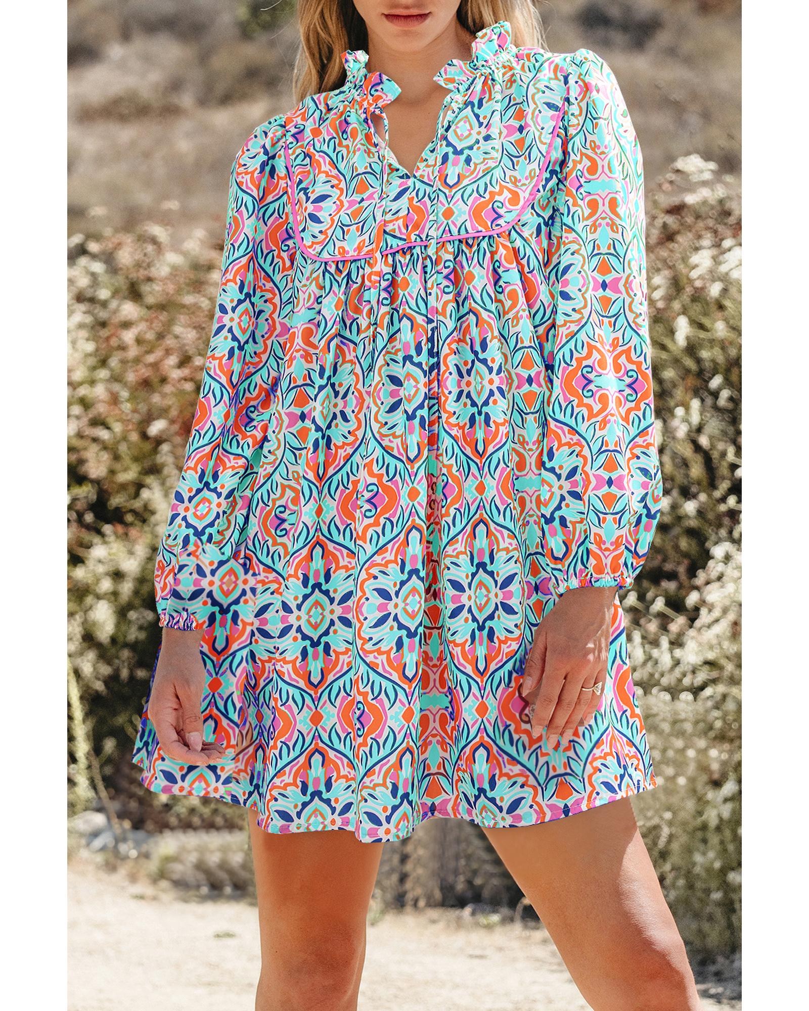 Sky Blue Abstract Printed Long Sleeve Tied Neckline Mini Dress - L