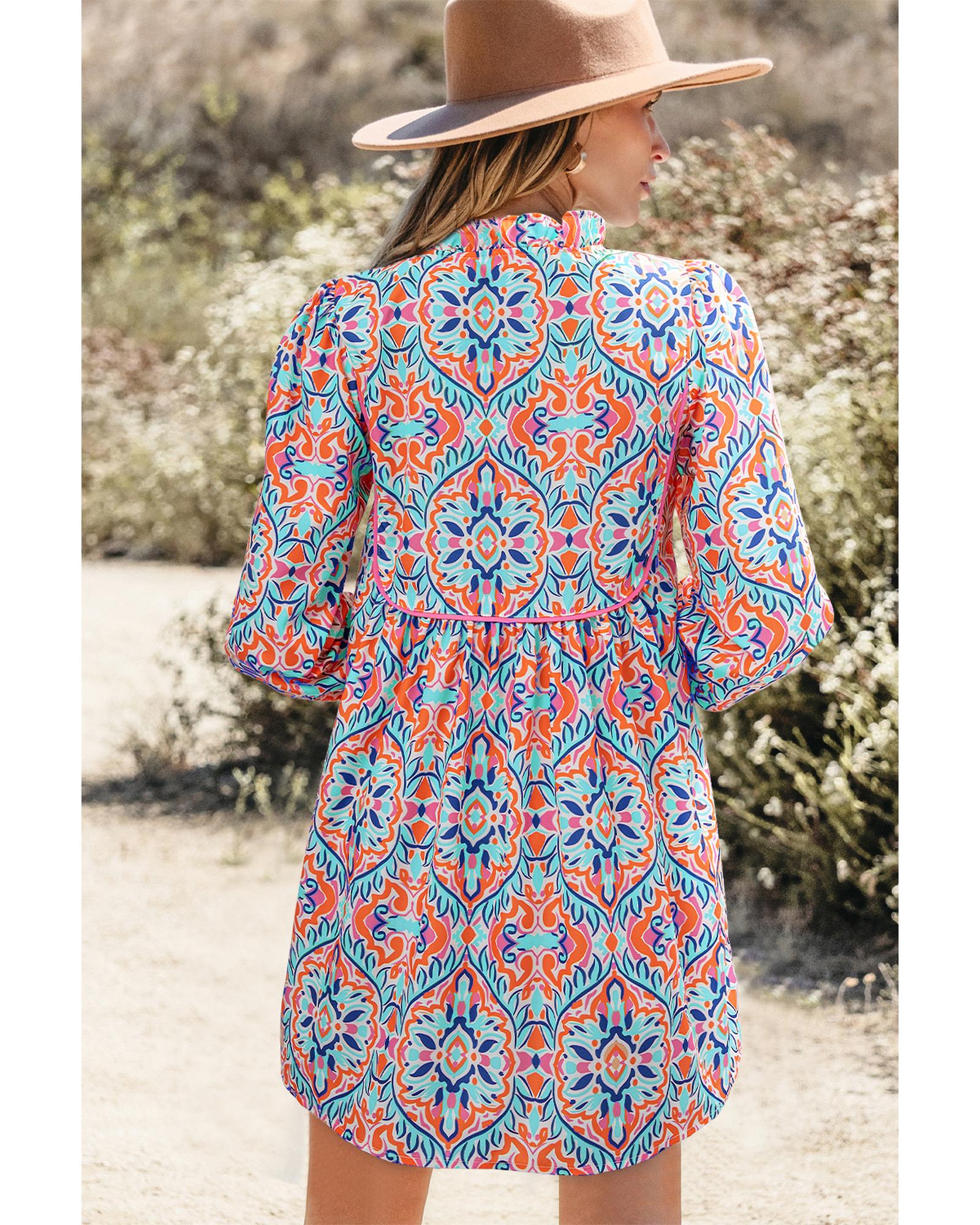 Sky Blue Abstract Printed Long Sleeve Tied Neckline Mini Dress - L