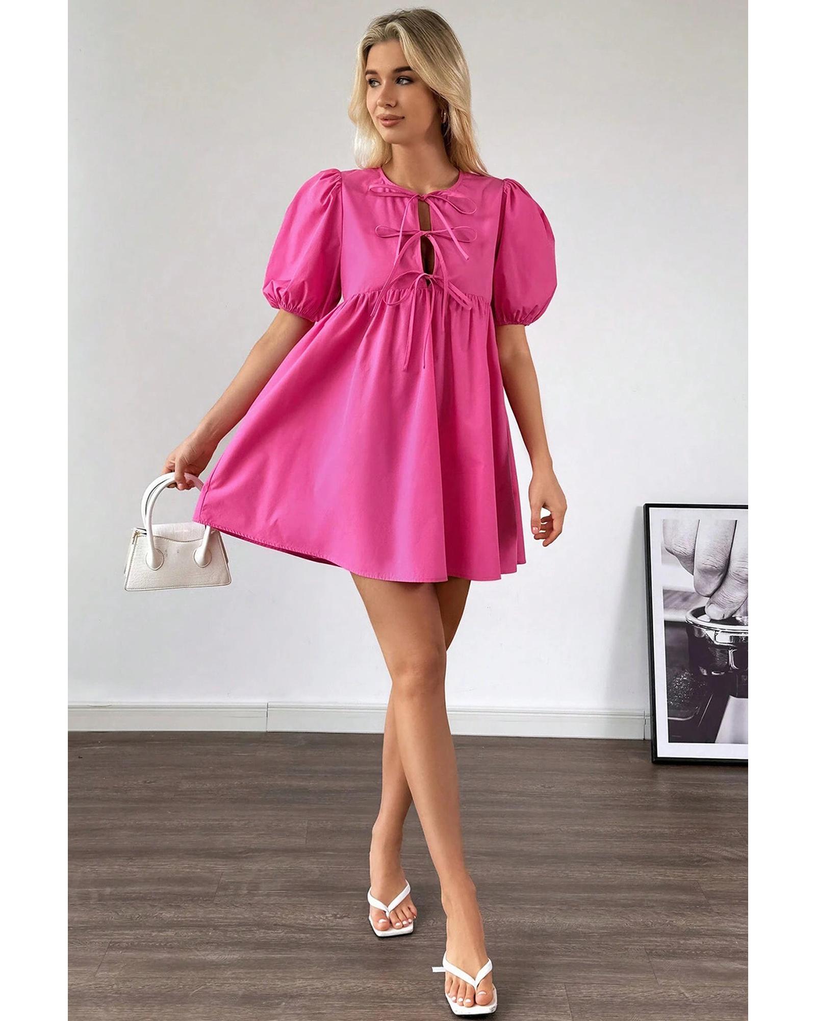 Bright Pink Solid Color Puff Sleeve Tie Front High Waist Mini Dress - L