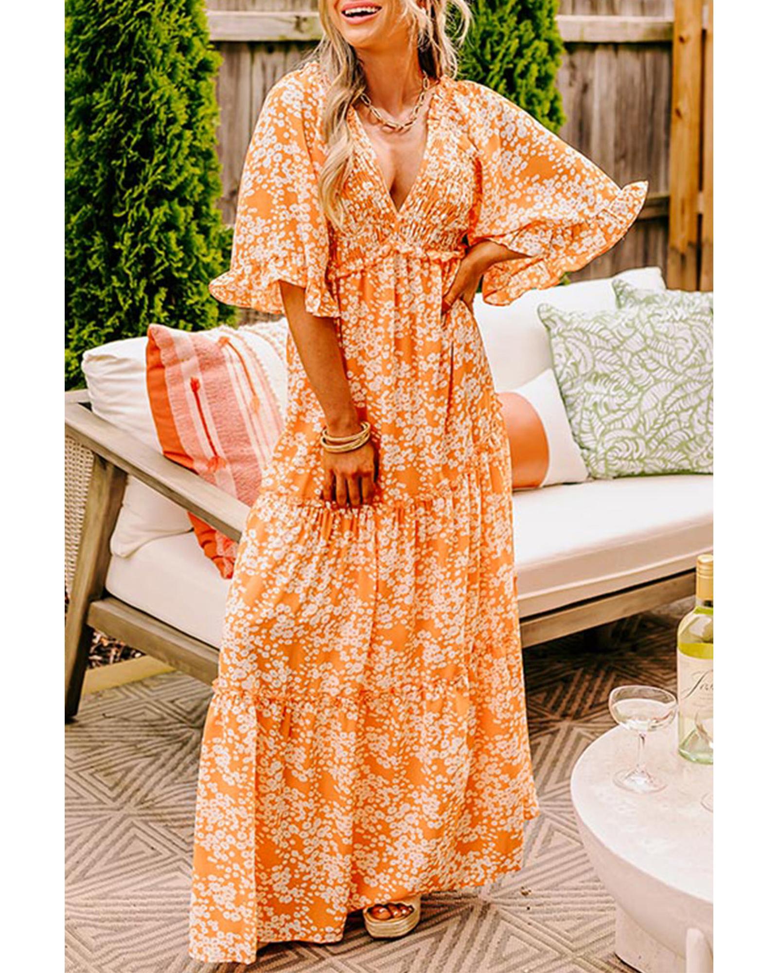 Orange Floral Print Smocked V Neck Wide Sleeve Maxi Dress - S