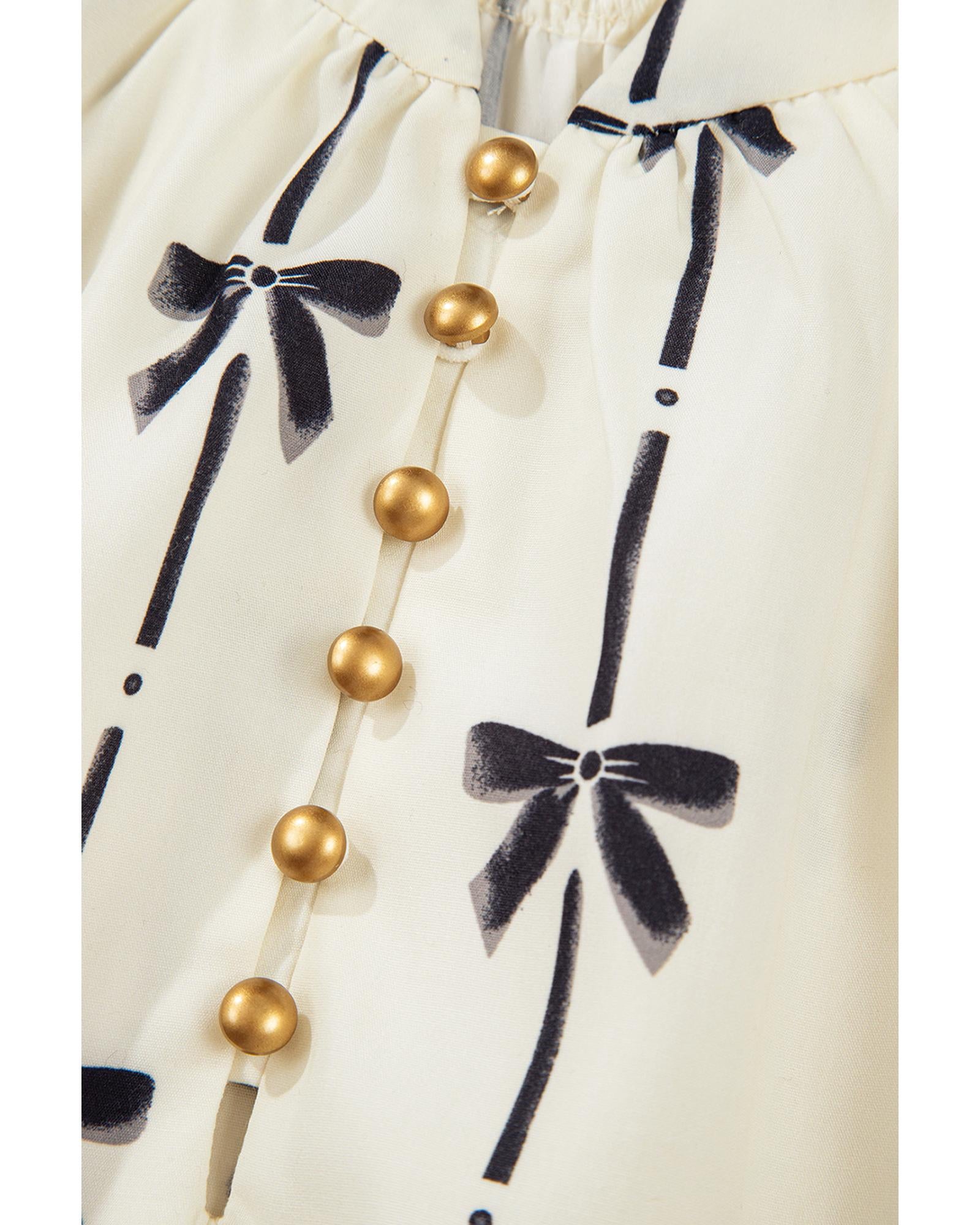 Beige Cute Bowknot Printed Bubble Sleeve V Neck Mini Dress - L