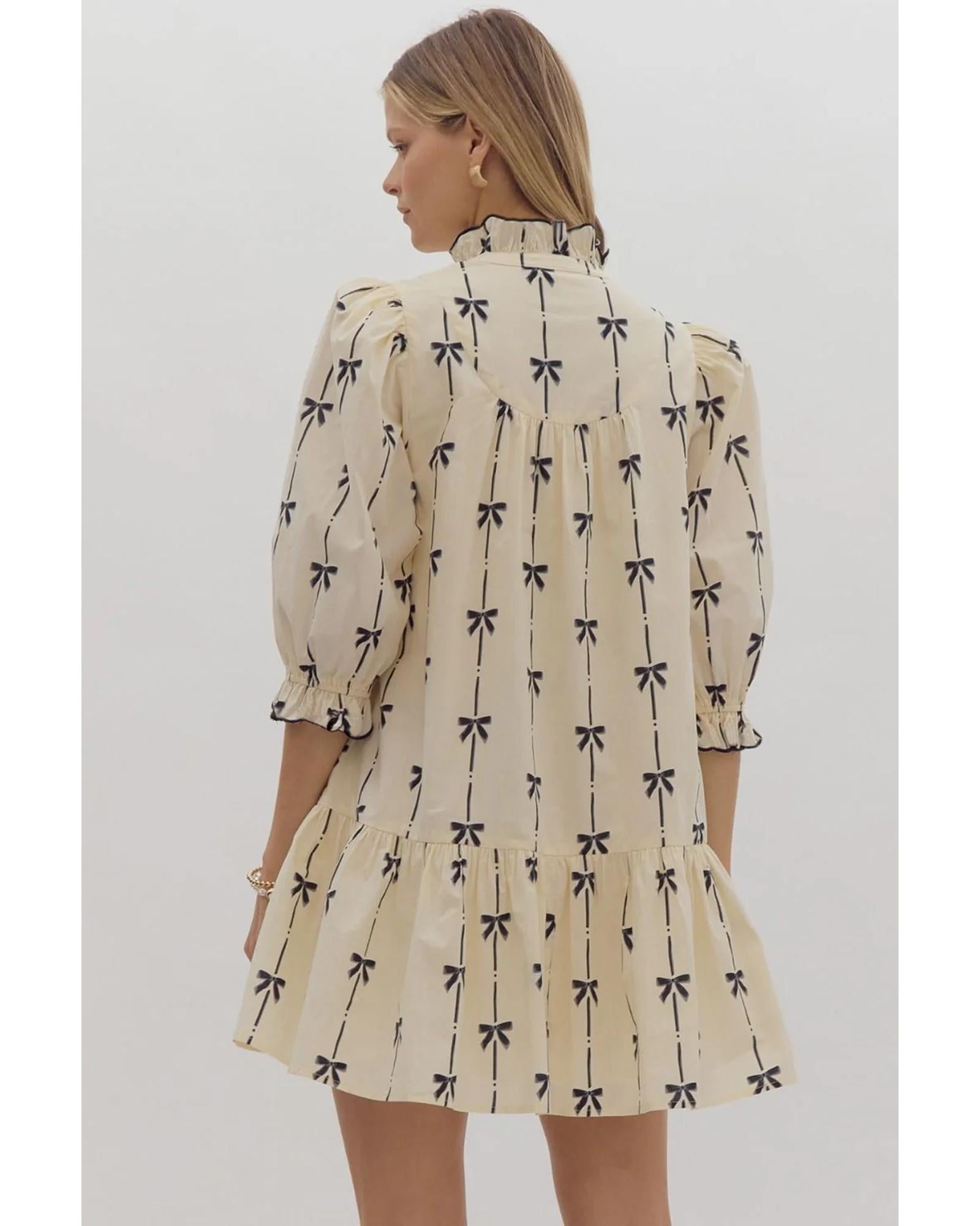 Beige Cute Bowknot Printed Bubble Sleeve V Neck Mini Dress - M