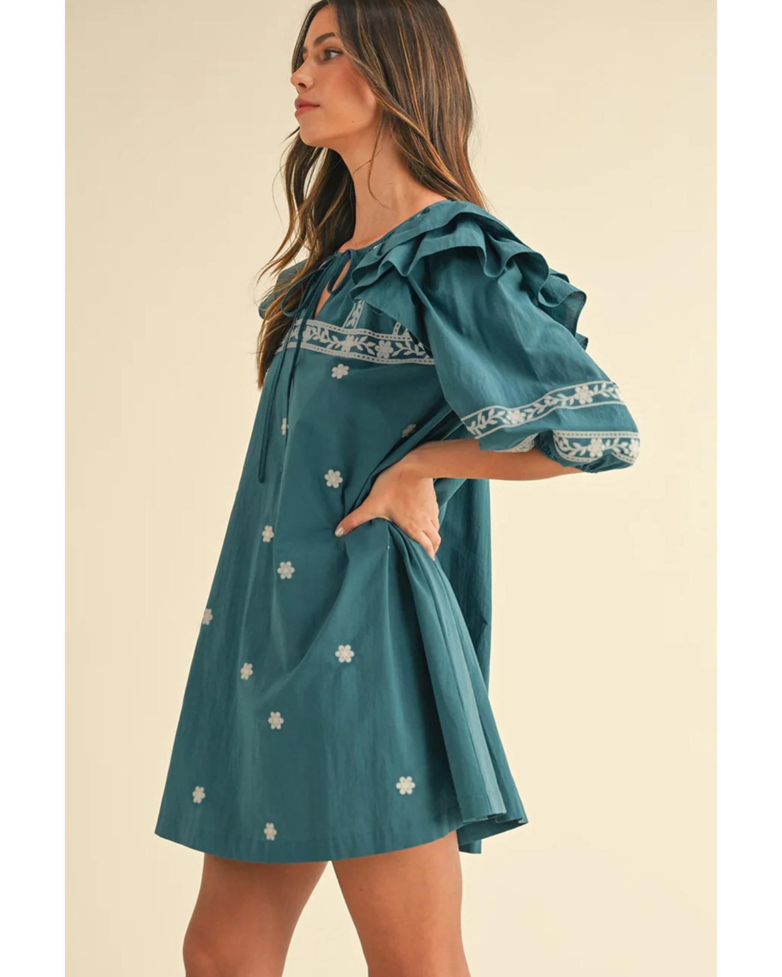 Skobeloff Boho Floral Ruffle Puff Sleeve Lace-up V Neck Mini Dress - M