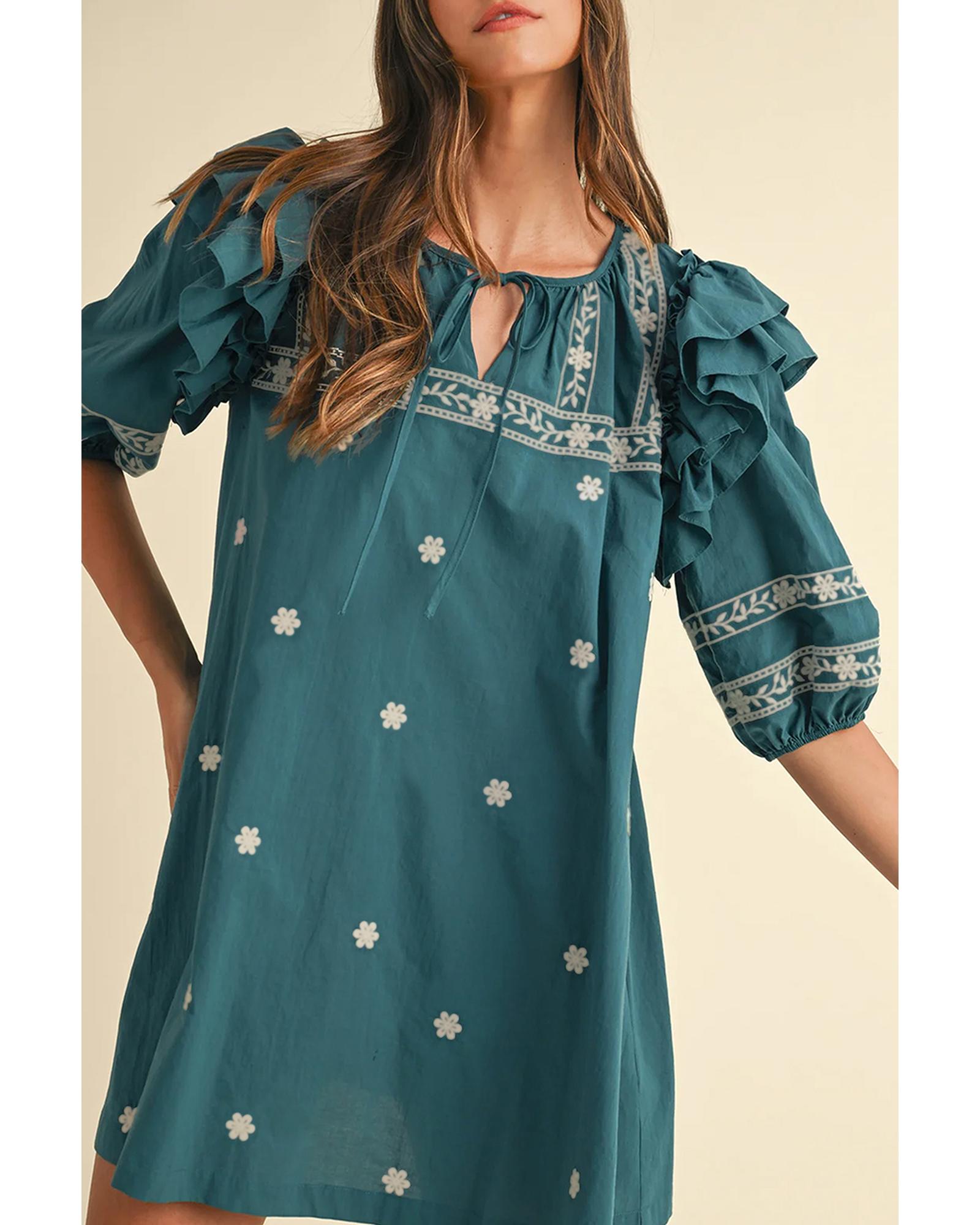 Skobeloff Boho Floral Ruffle Puff Sleeve Lace-up V Neck Mini Dress - S