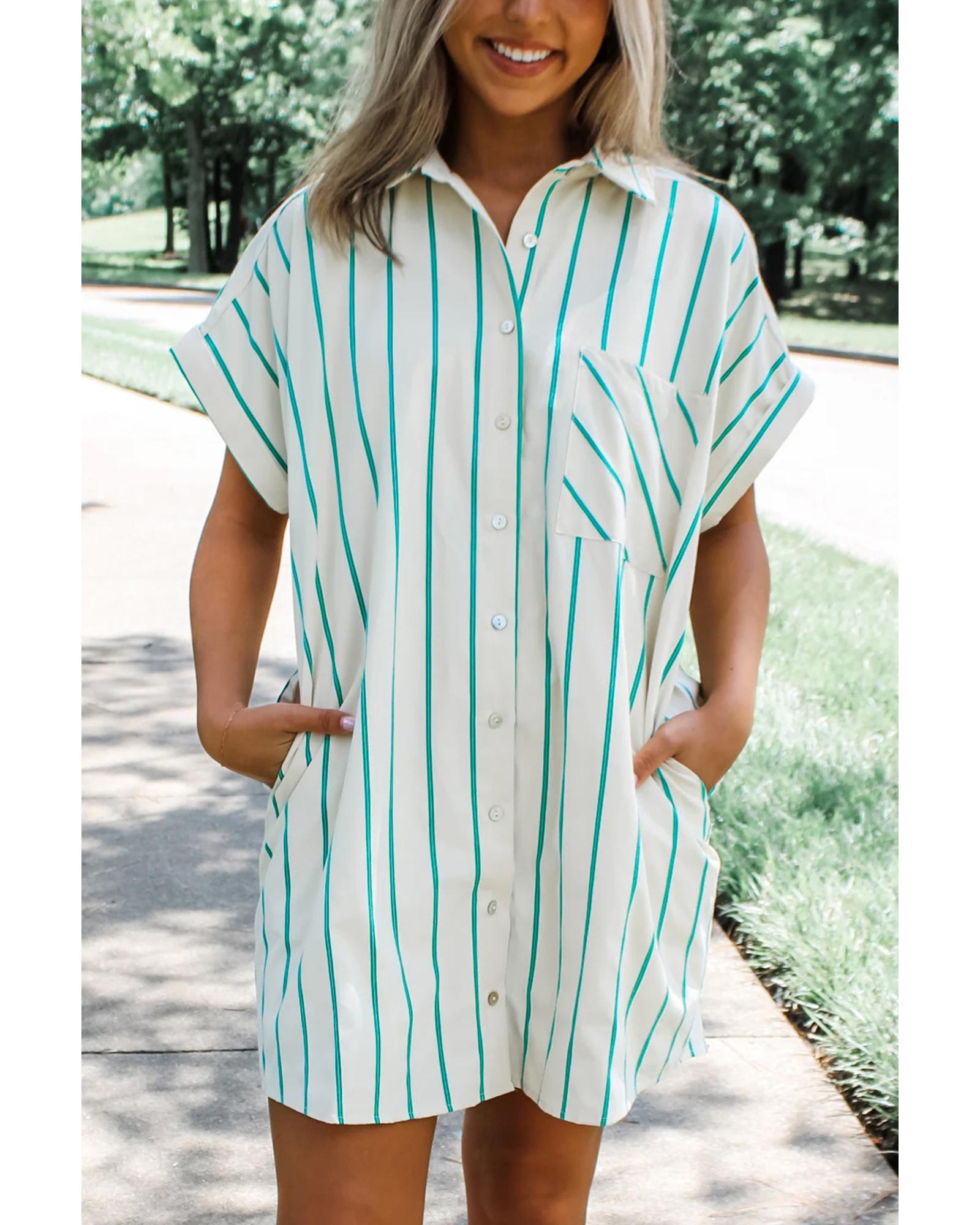 Mint Green St Patricks Striped Wide Short Sleeve Shift Mini Shirt Dress - M