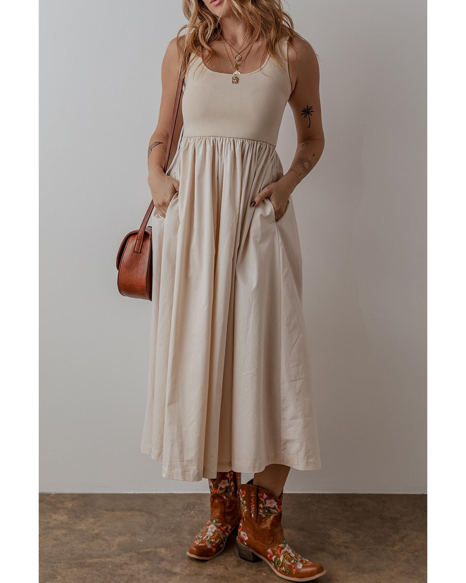 Beige Scoop Neck Ribbed Bodice Pleated Sleeveless Long Dress - M
