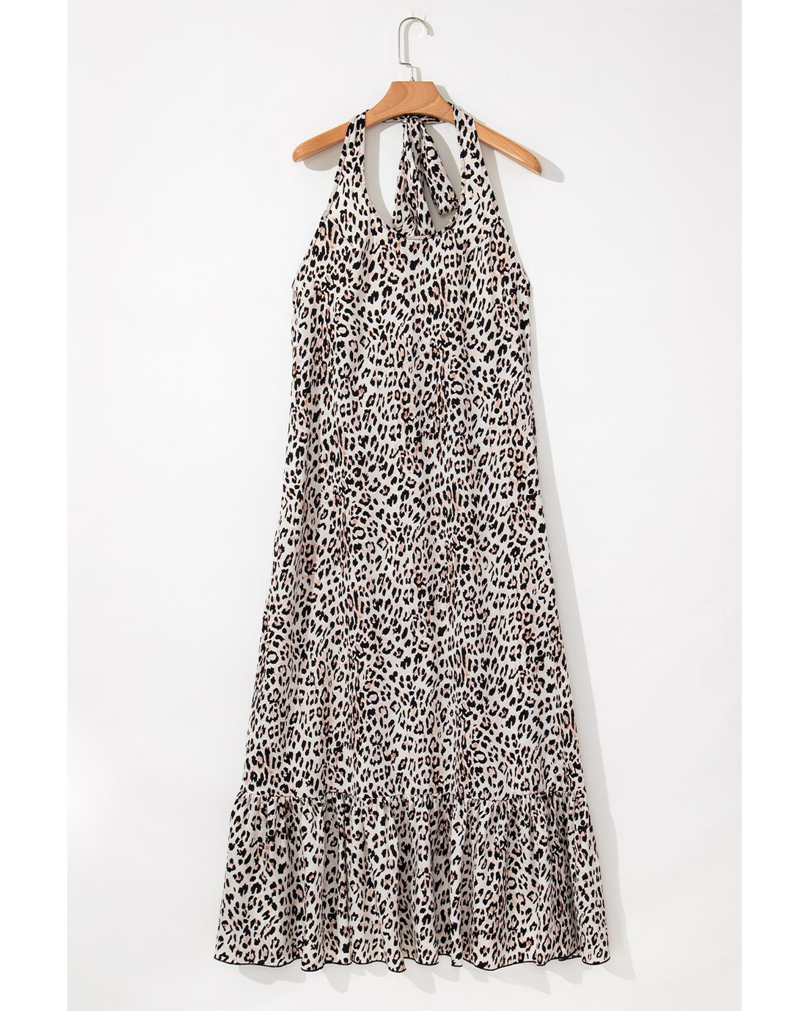 Brown Leopard Printed Halter Neck Backless Ruffled Hem Maxi Dress - XL
