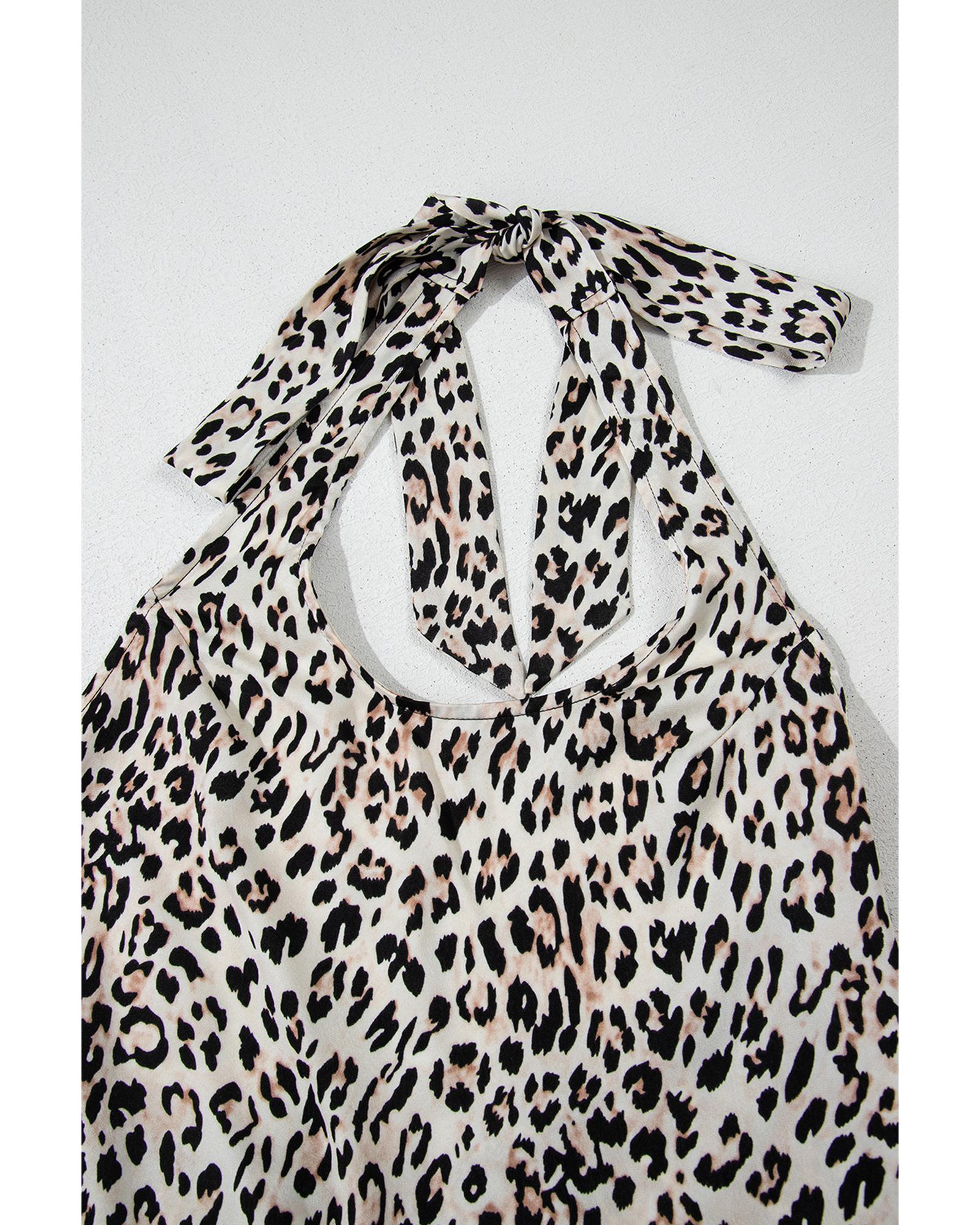 Brown Leopard Printed Halter Neck Backless Ruffled Hem Maxi Dress - XL