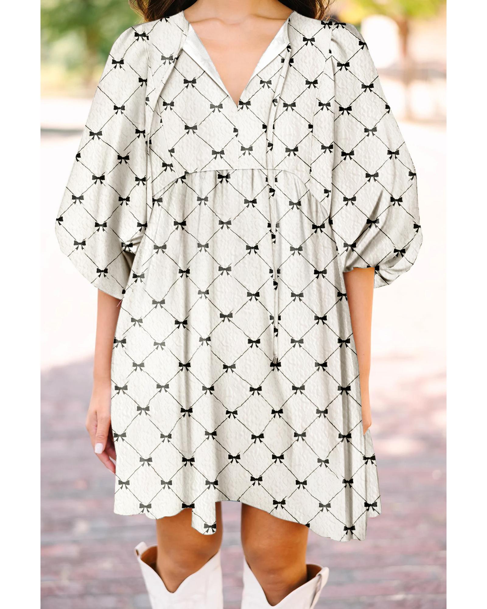 White Bowtie Pattern Textured Puff Half Sleeve Loose Mini Dress - M