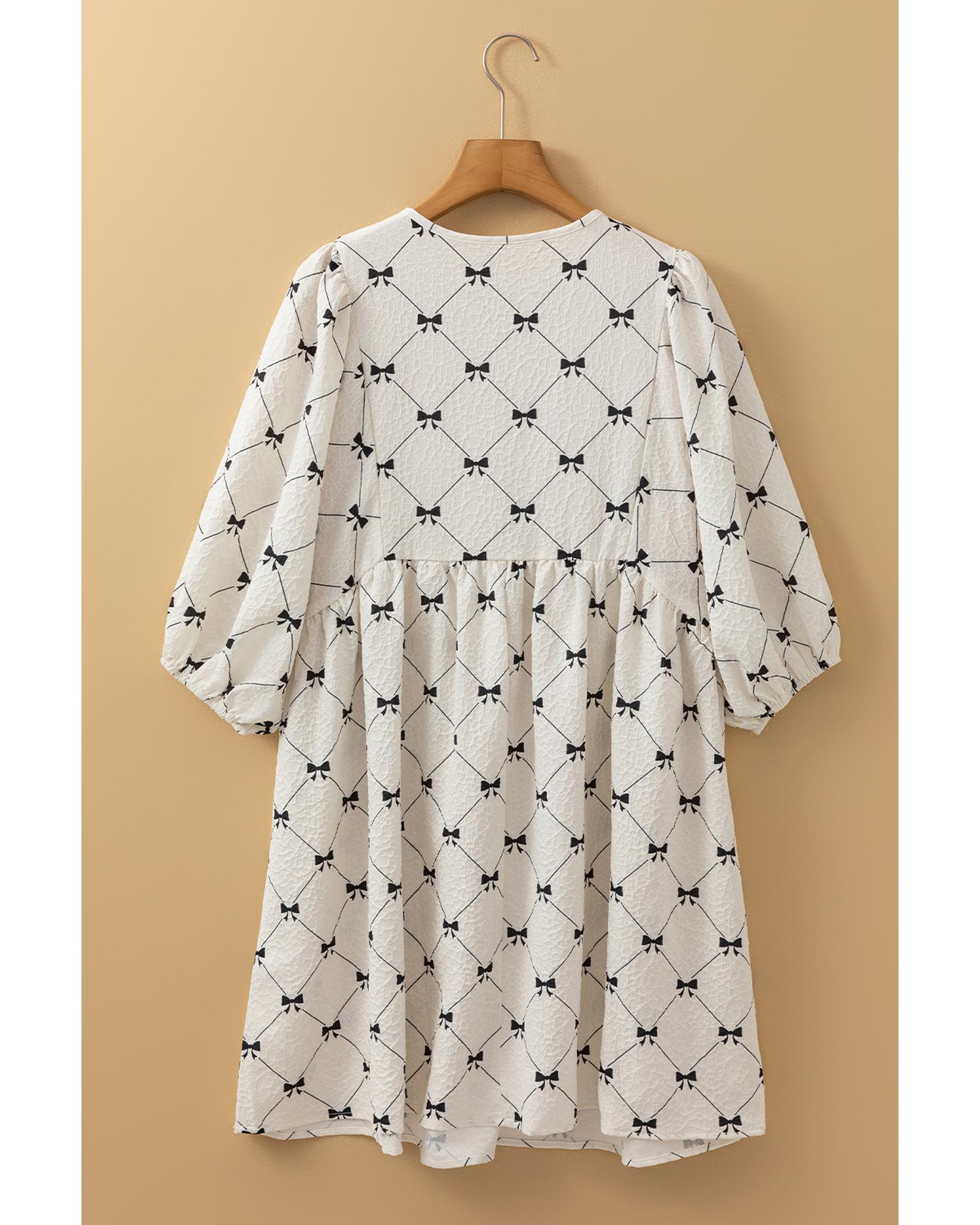 White Bowtie Pattern Textured Puff Half Sleeve Loose Mini Dress - S