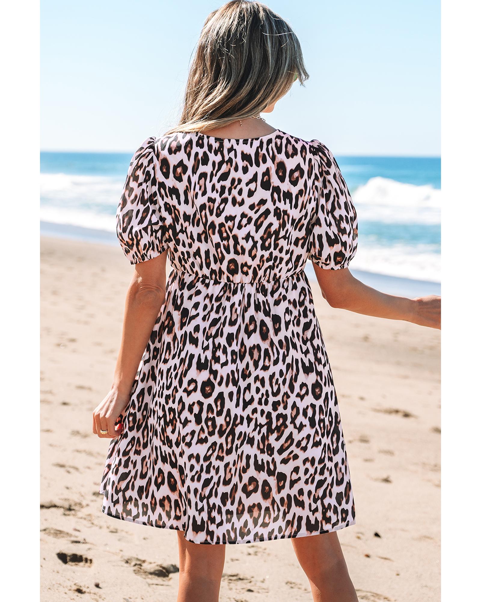 Brown Leopard Tied Front Keyhole Puff Short Sleeve Mini Dress - L