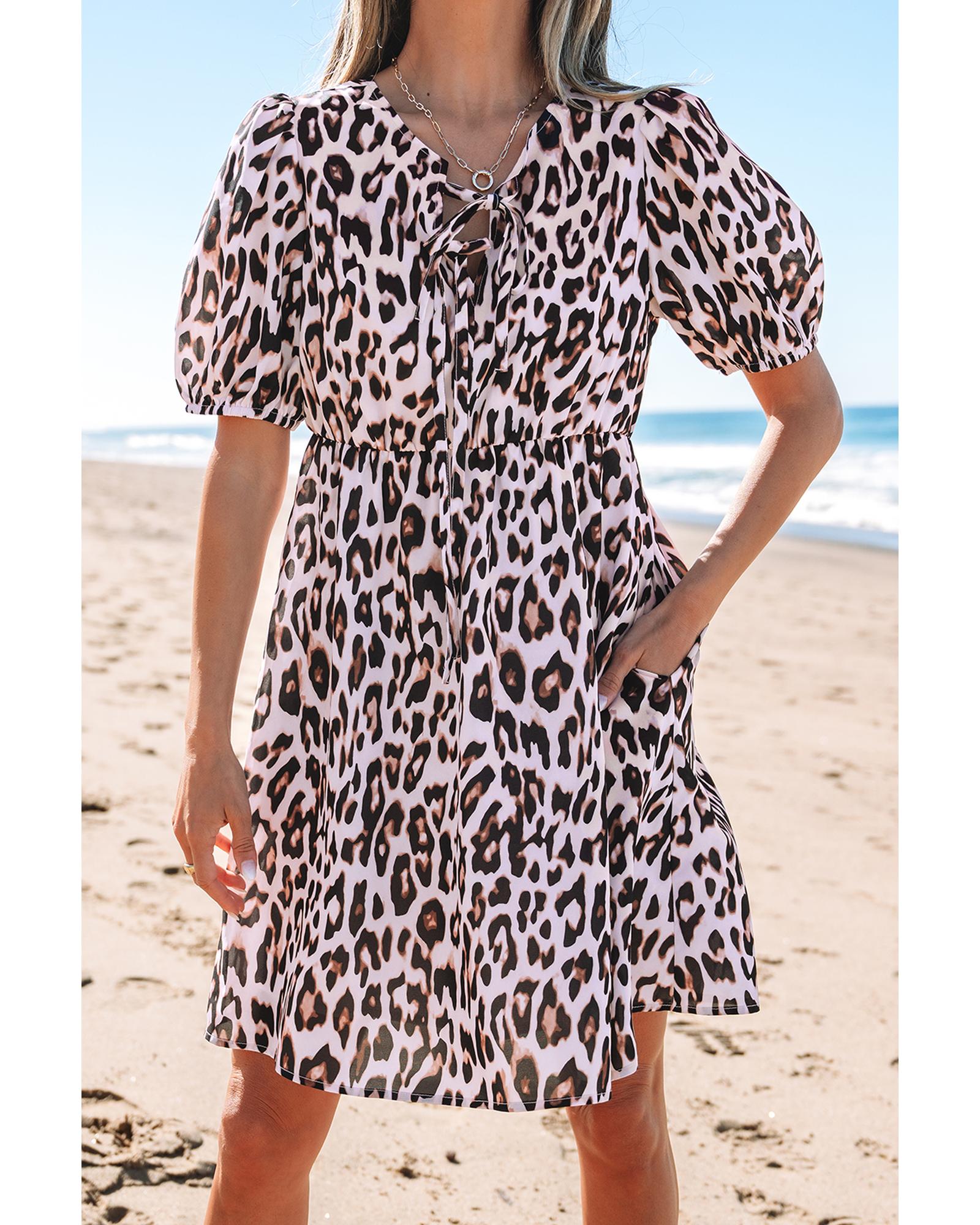 Brown Leopard Tied Front Keyhole Puff Short Sleeve Mini Dress - L