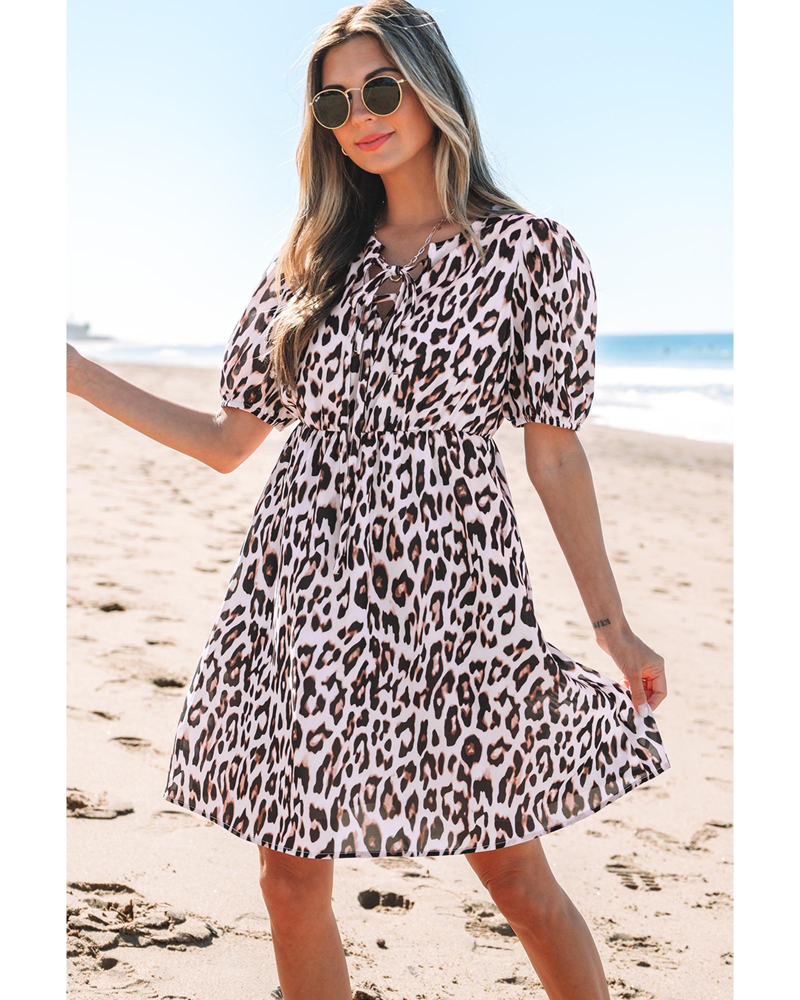 Brown Leopard Tied Front Keyhole Puff Short Sleeve Mini Dress - M