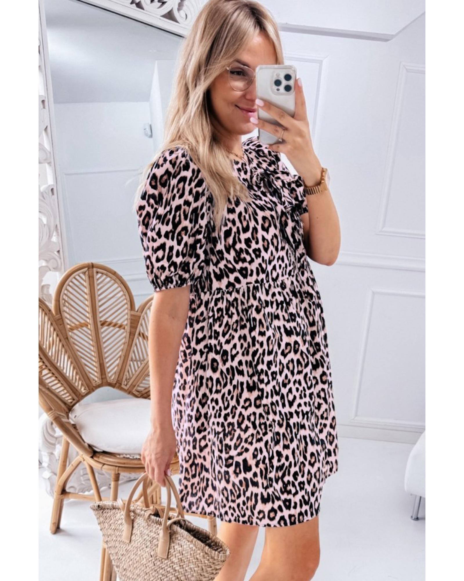 Brown Leopard Tied Front Keyhole Puff Short Sleeve Mini Dress - M