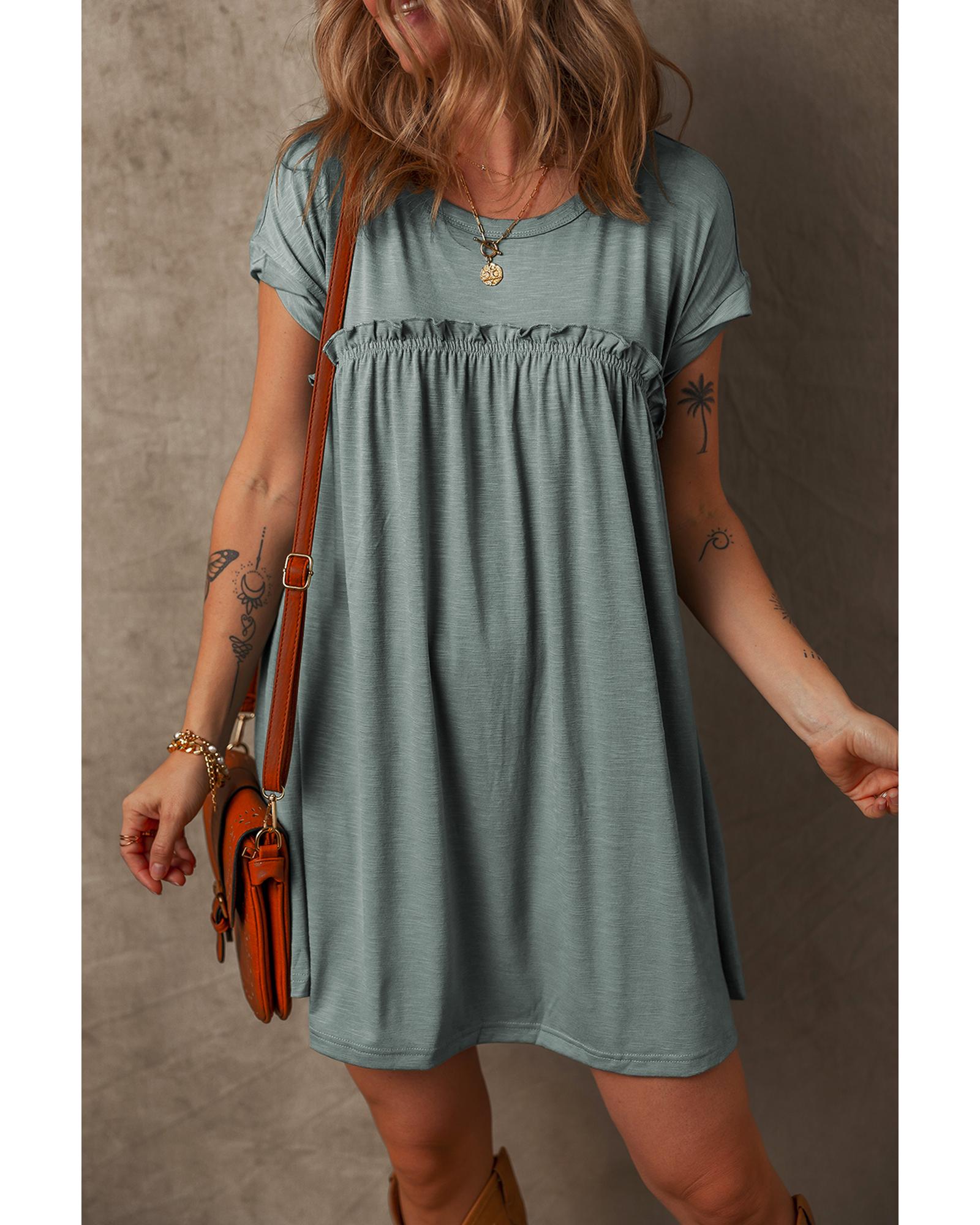 Mist Green Frilled Gathered Seam Round Neck T Shirt Dress - L