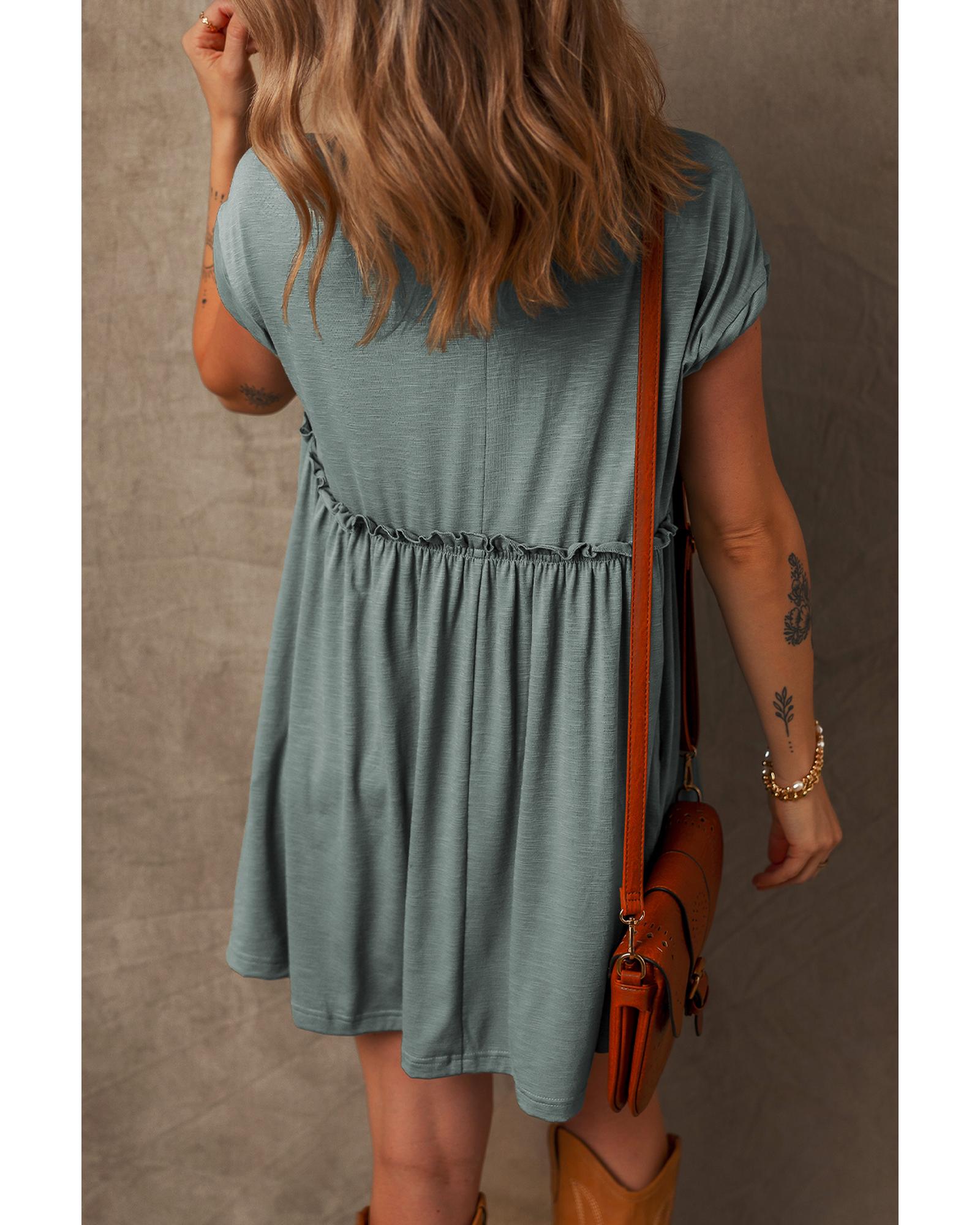 Mist Green Frilled Gathered Seam Round Neck T Shirt Dress - S