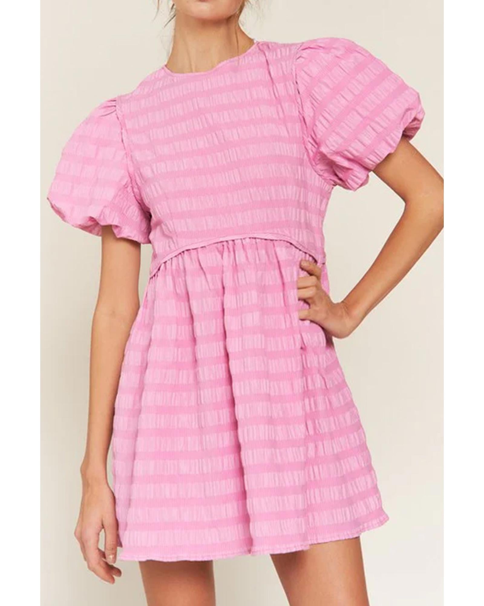 Bonbon Textured Bubble Sleeve High Waist Mini Dress - M