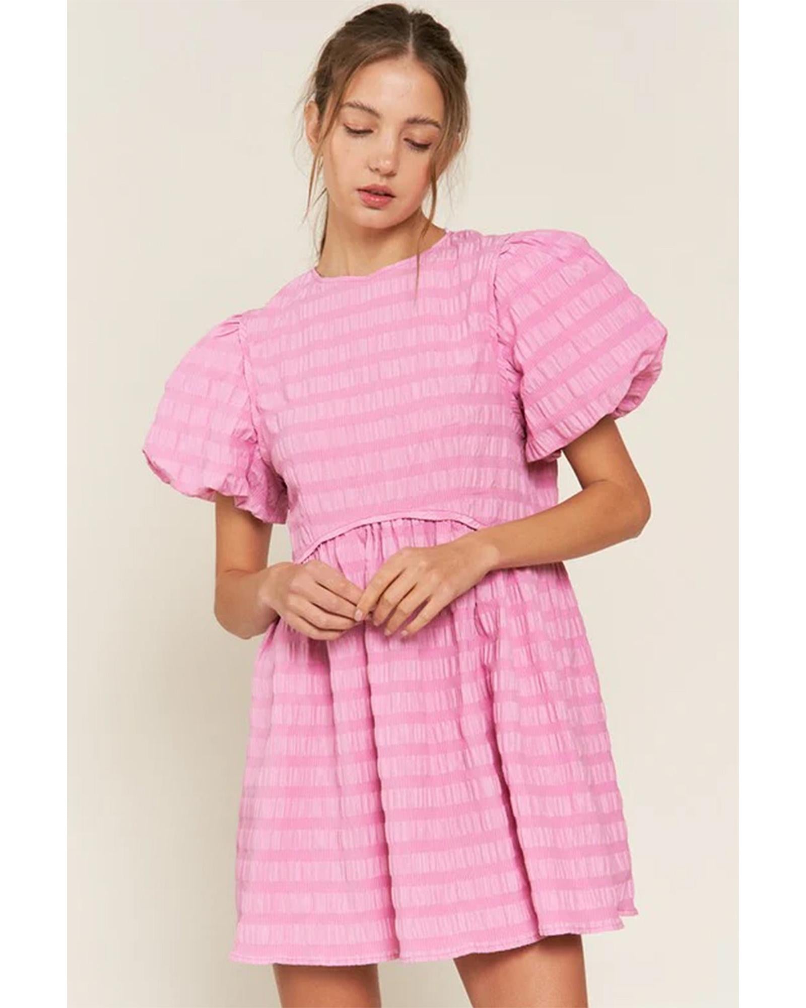 Bonbon Textured Bubble Sleeve High Waist Mini Dress - M