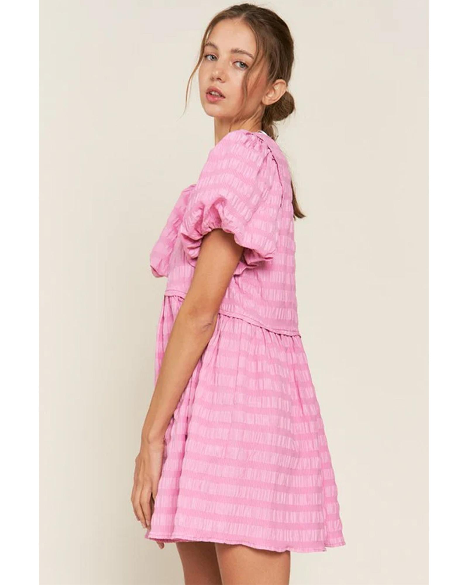 Bonbon Textured Bubble Sleeve High Waist Mini Dress - XL