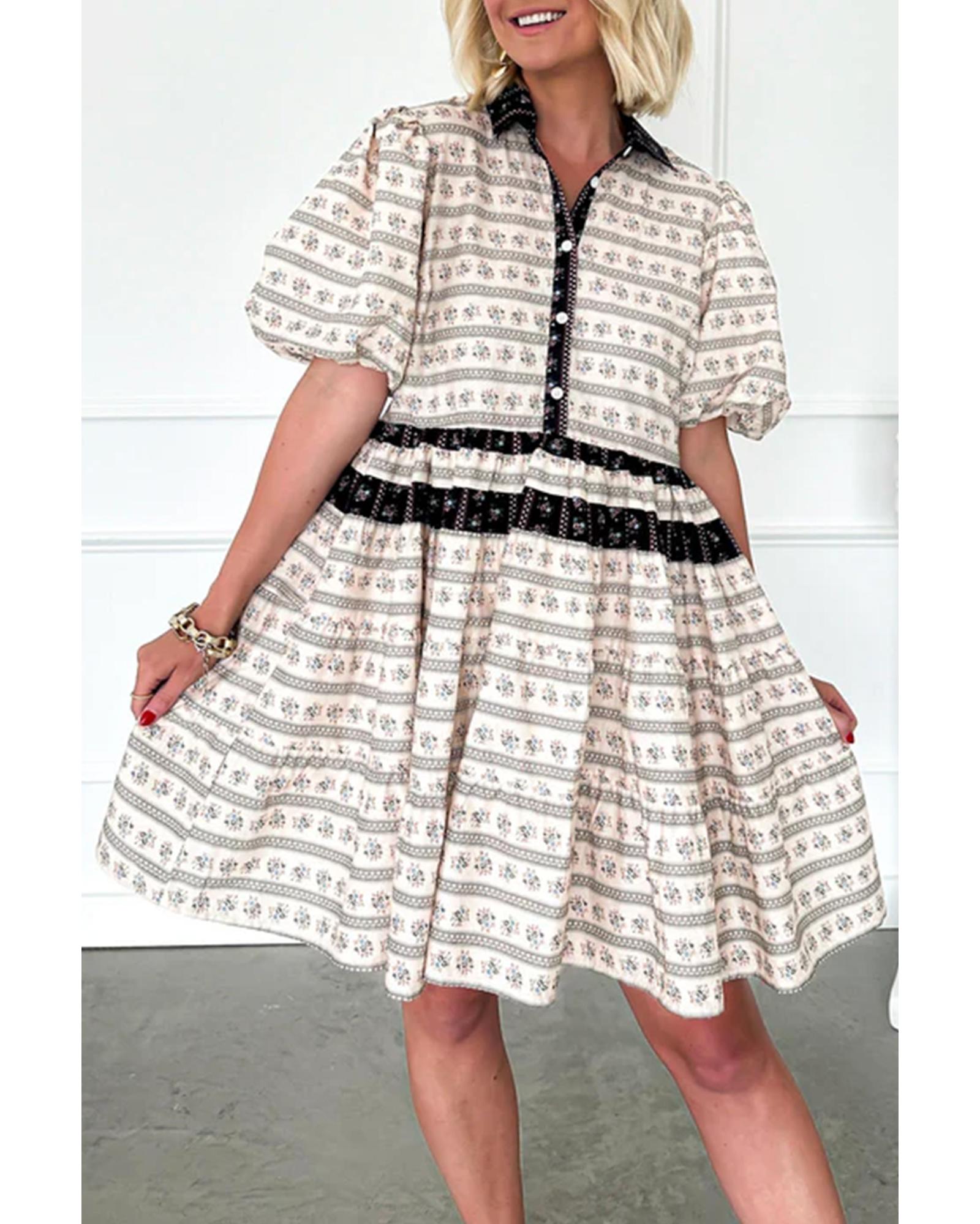 Black Boho Floral Striped Contrast Trim Bubble Sleeve Flared Dress - M