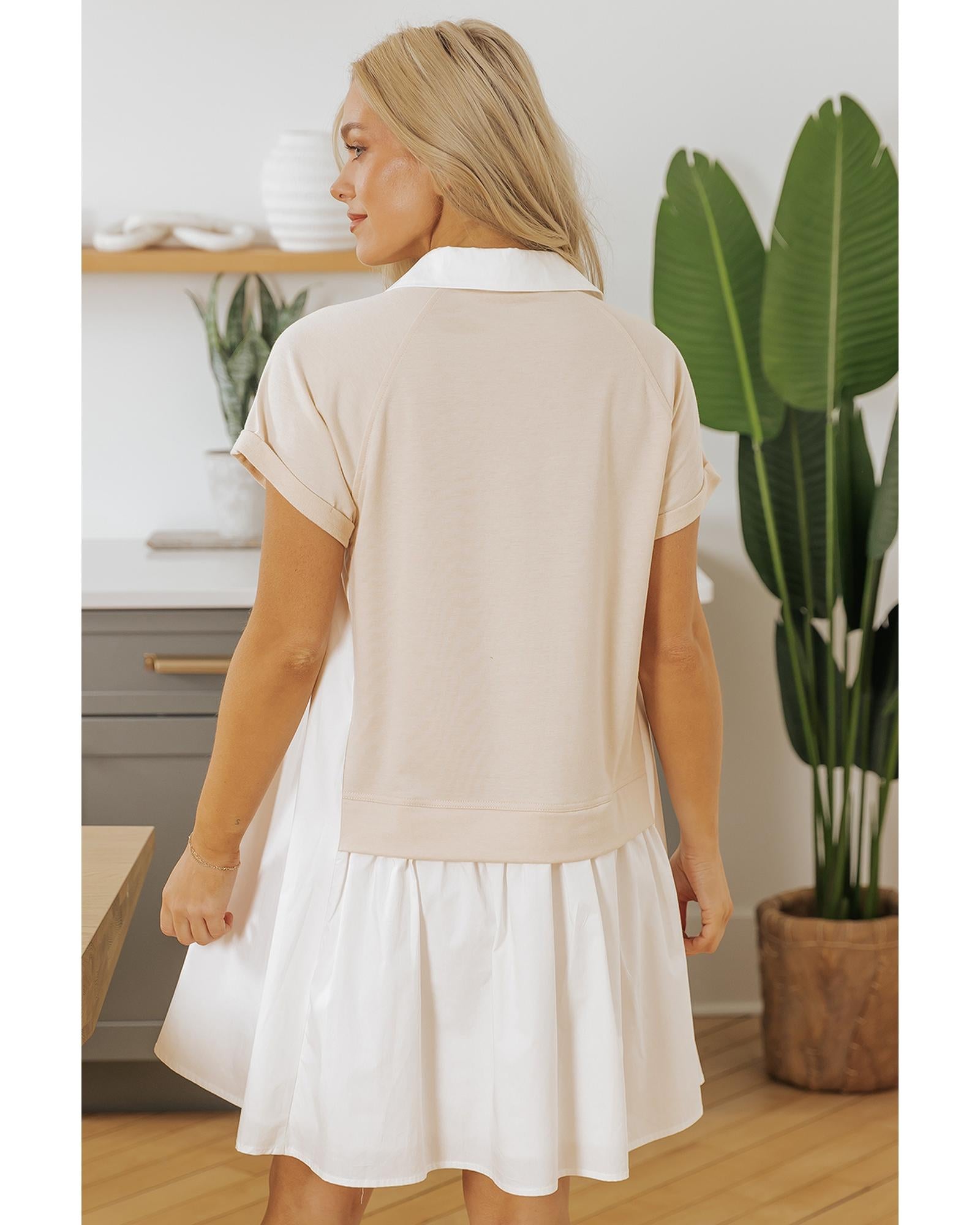 Jet Stream Shirt Collar Buttoned Patchwork Short Sleeve Mini Dress - L