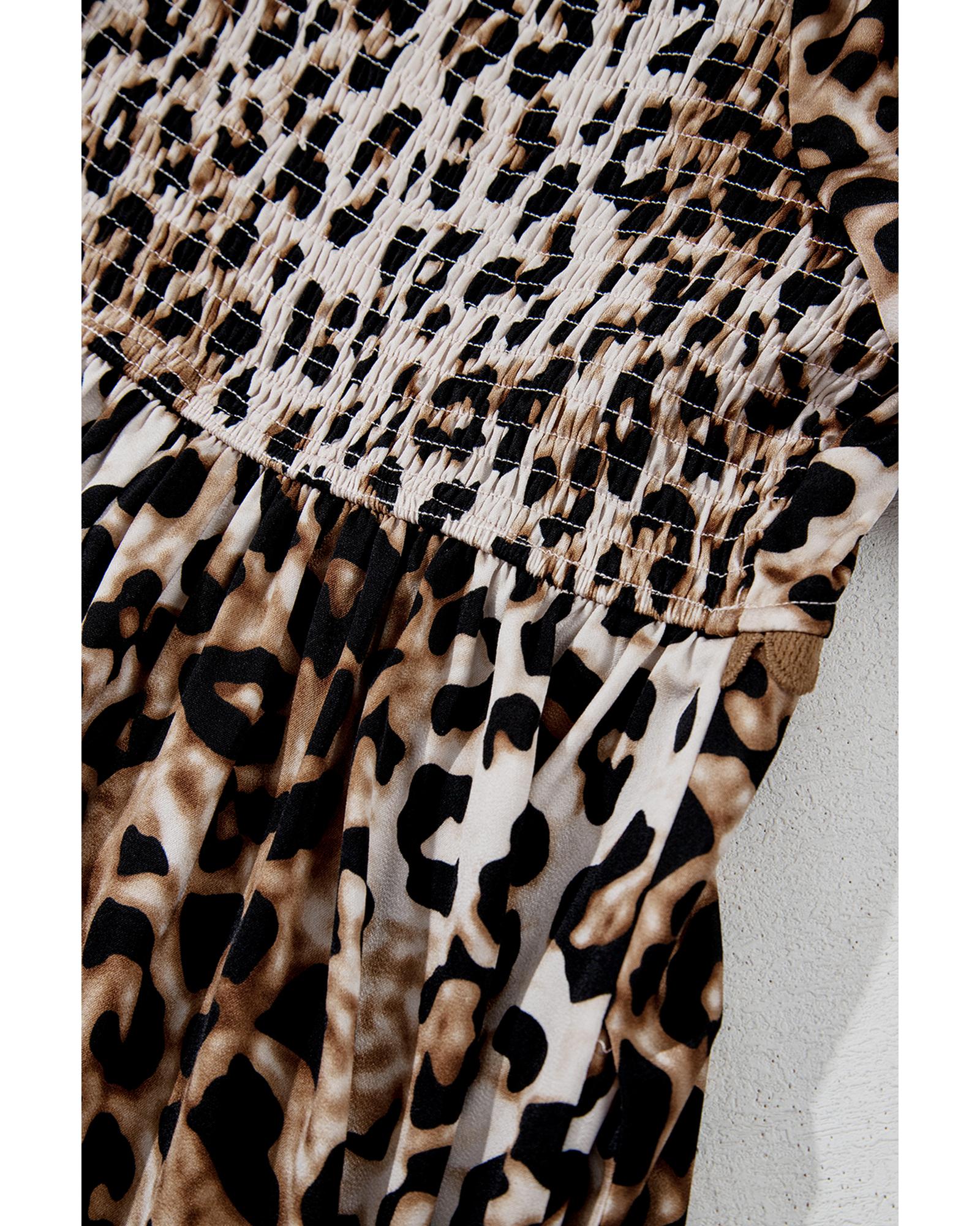 Brown Leopard Print Bubble Sleeve Square Neck Maxi Dress - L