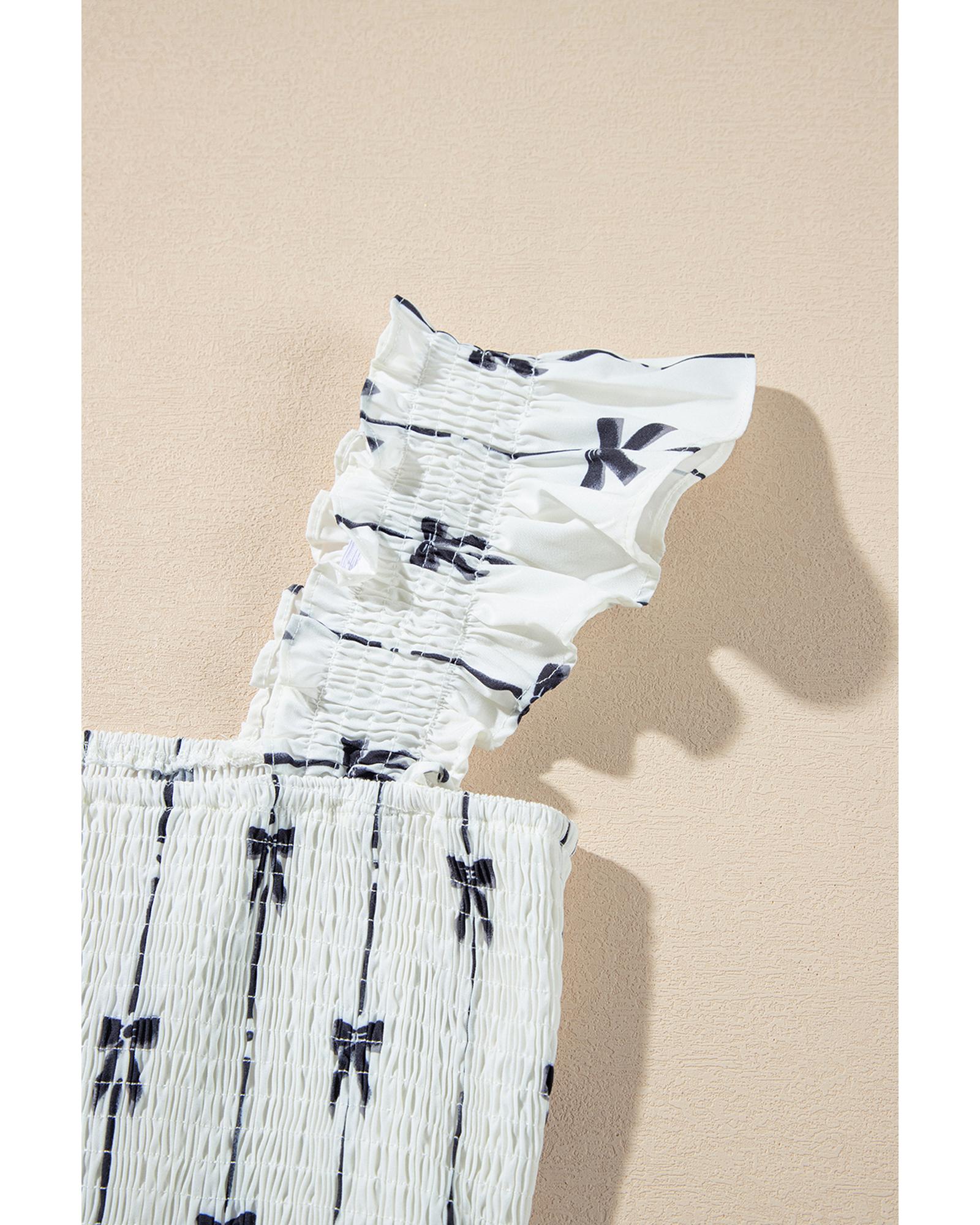 Black Bow Print Smocked Square Neck Ruffle Tiered Maxi Dress - L