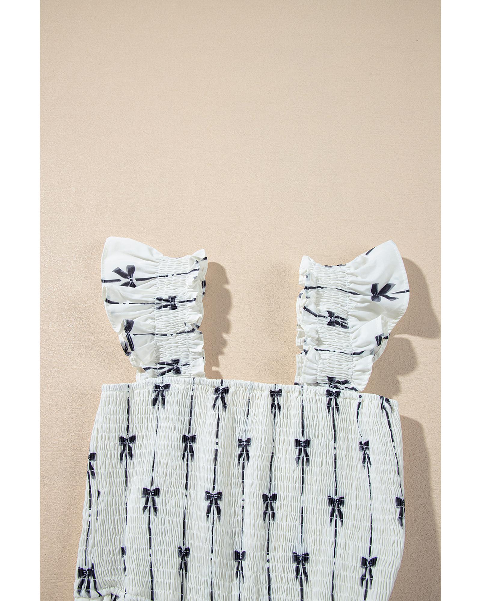 Black Bow Print Smocked Square Neck Ruffle Tiered Maxi Dress - L