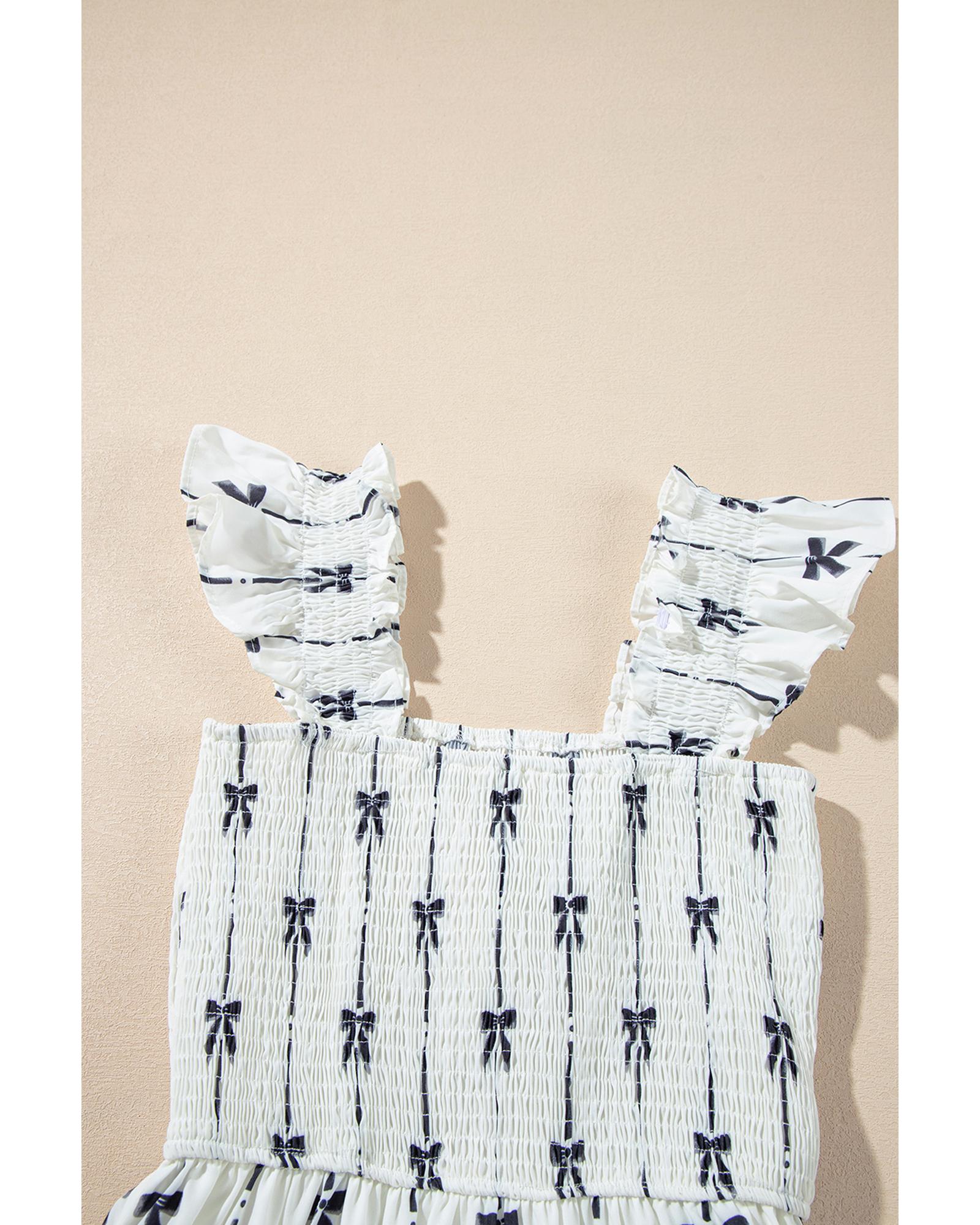 Black Bow Print Smocked Square Neck Ruffle Tiered Maxi Dress - M