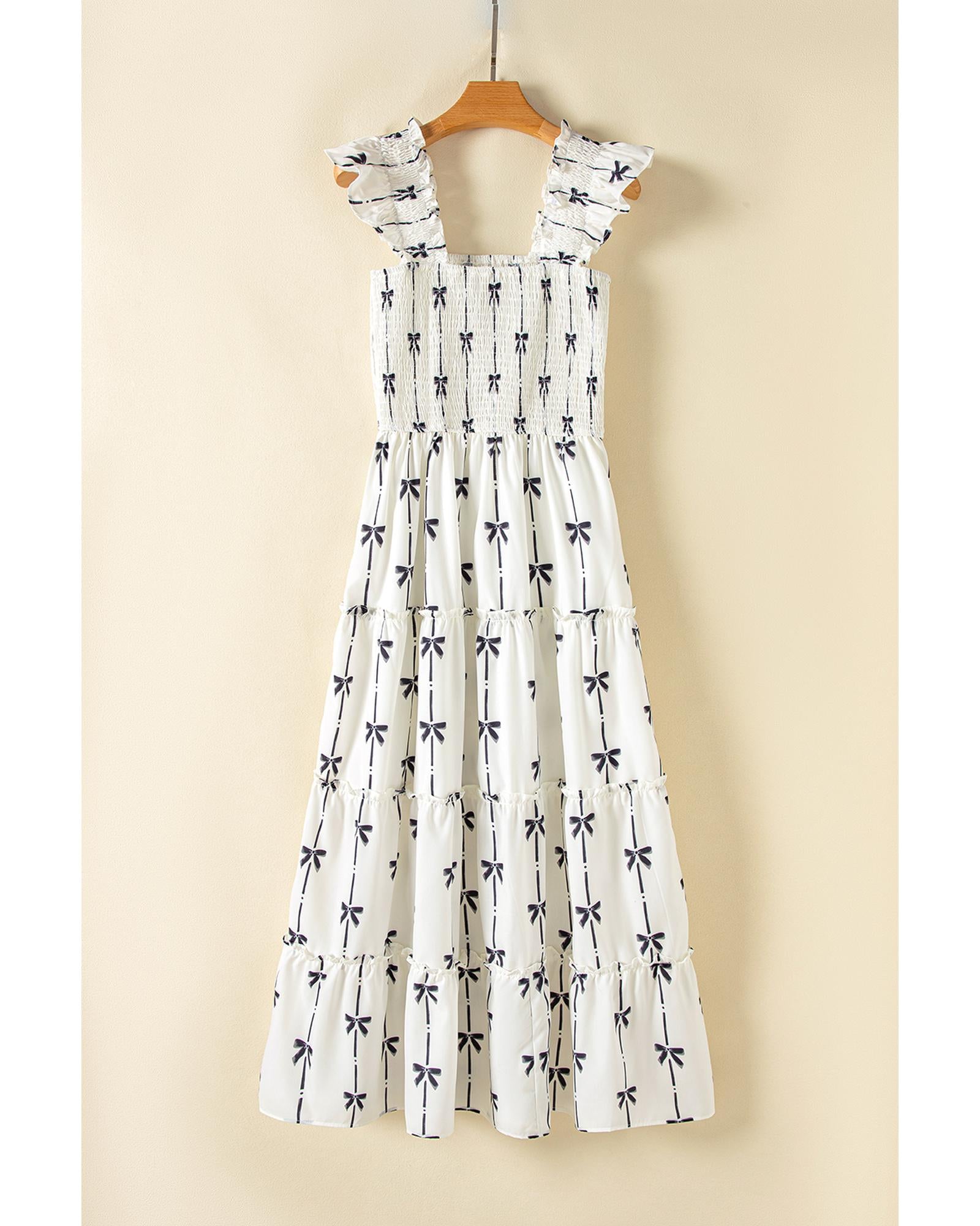 Black Bow Print Smocked Square Neck Ruffle Tiered Maxi Dress - M