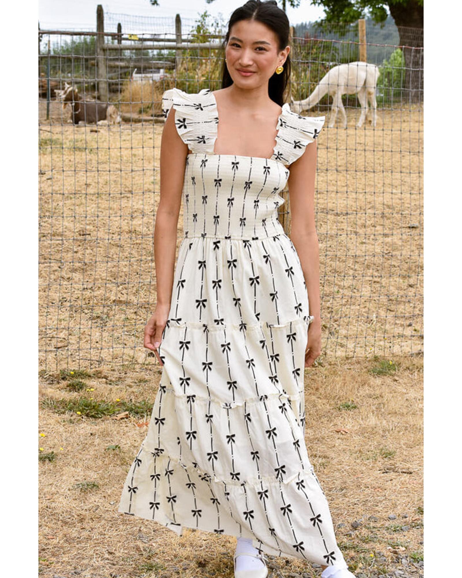 Black Bow Print Smocked Square Neck Ruffle Tiered Maxi Dress - M