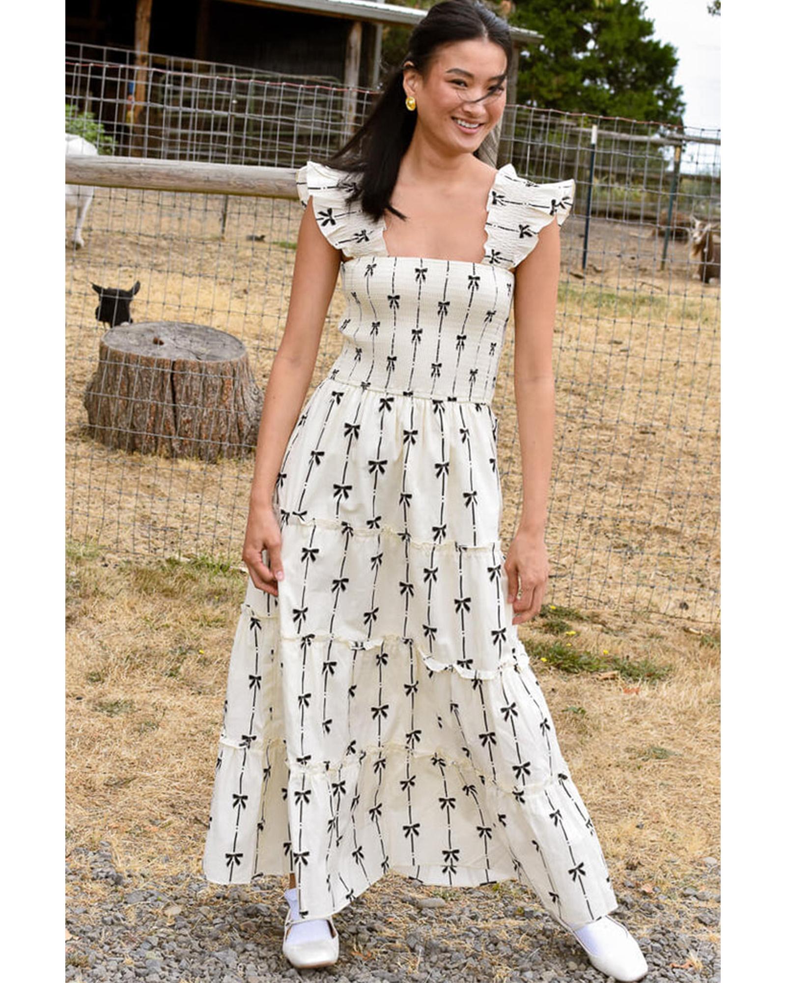 Black Bow Print Smocked Square Neck Ruffle Tiered Maxi Dress - XL