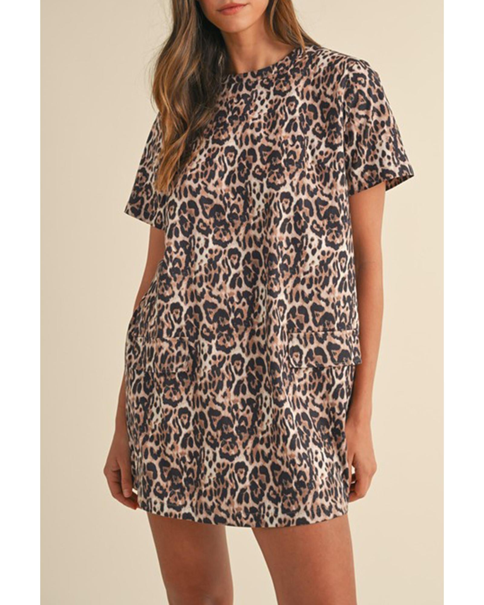 Brown Leopard Print Crew Neck Shift Short T Shirt Dress - S