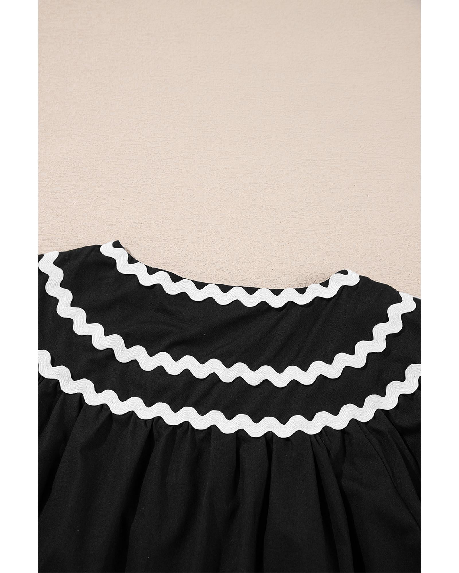 Black Contrast Ricrac Trim Short Sleeve V Neck Loose Mini Dress - L