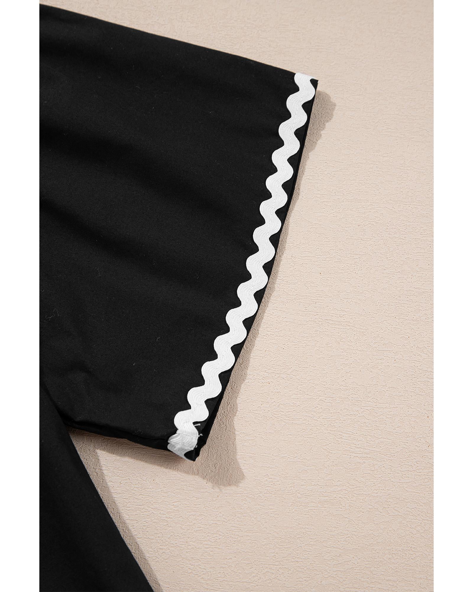 Black Contrast Ricrac Trim Short Sleeve V Neck Loose Mini Dress - M