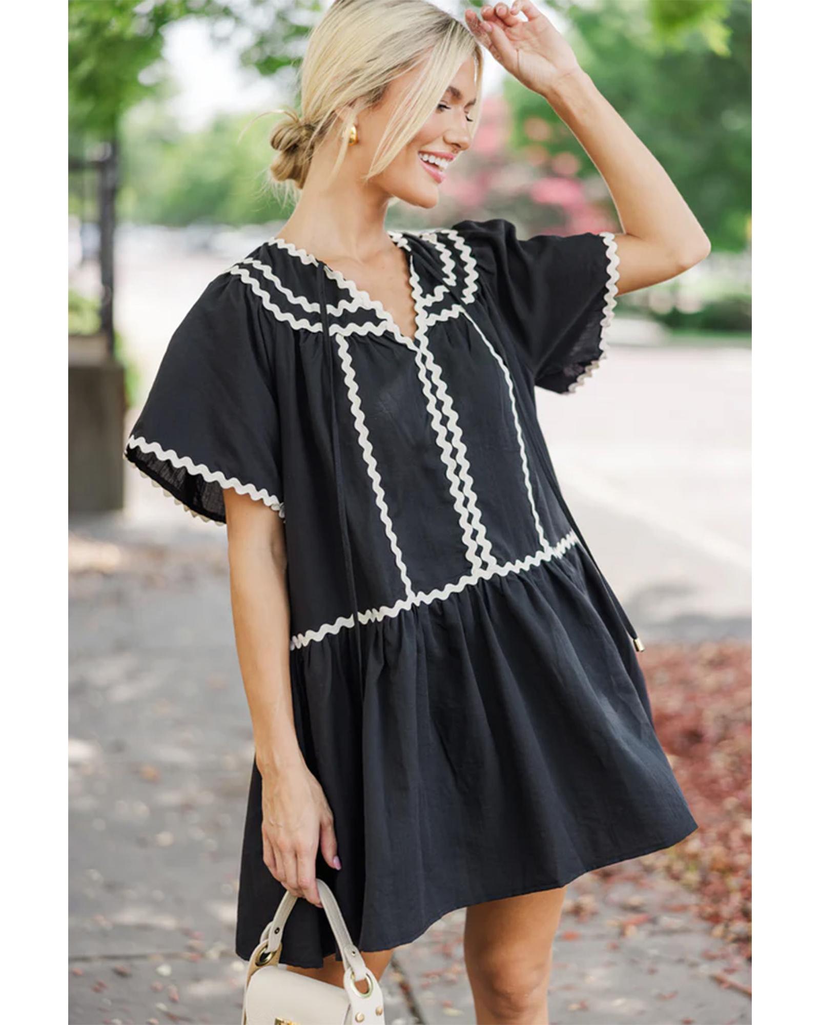 Black Contrast Ricrac Trim Short Sleeve V Neck Loose Mini Dress - XL