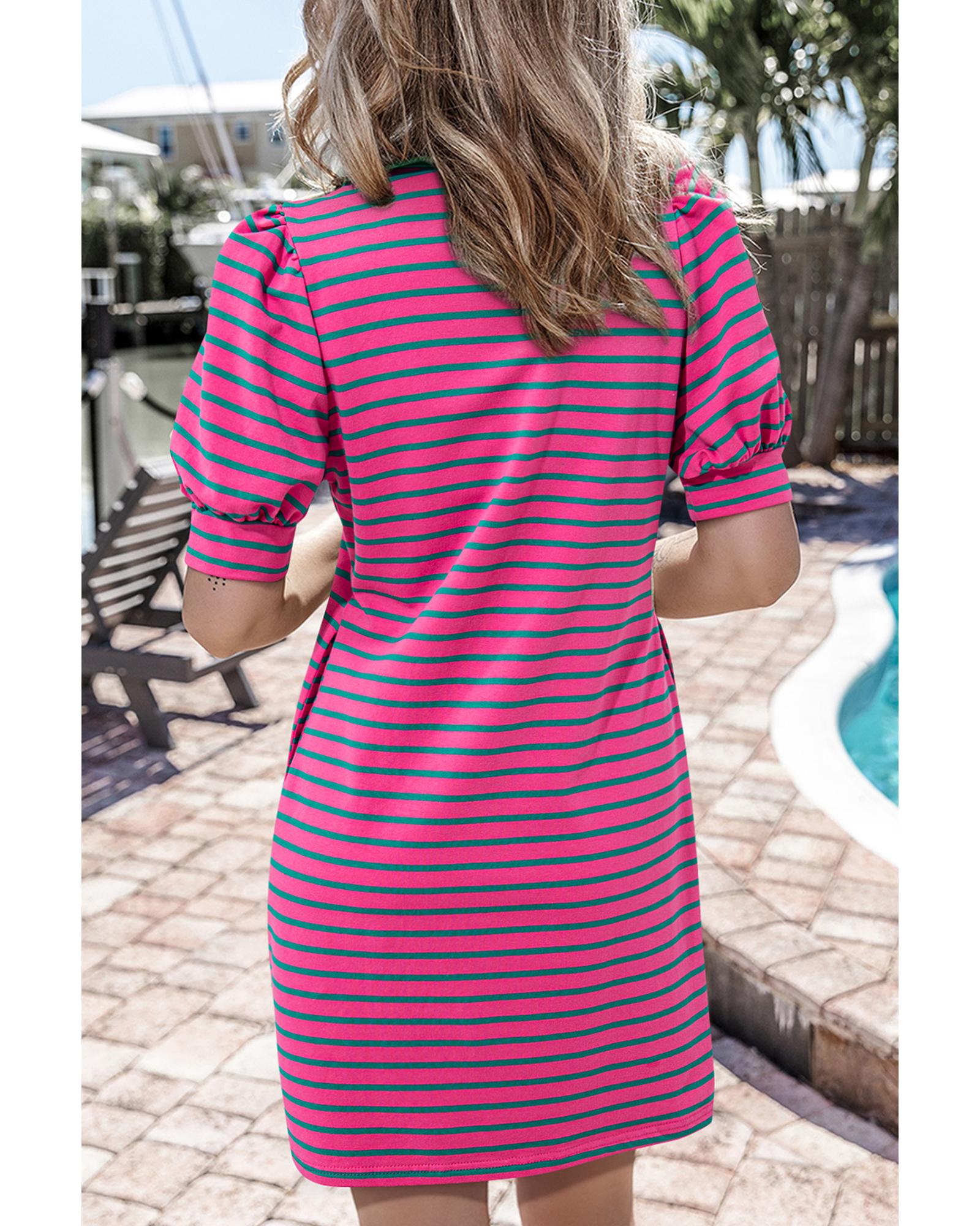 Azura Exchange Pink Stripe Collared V Neck Puff Sleeve T Shirt Dress - L