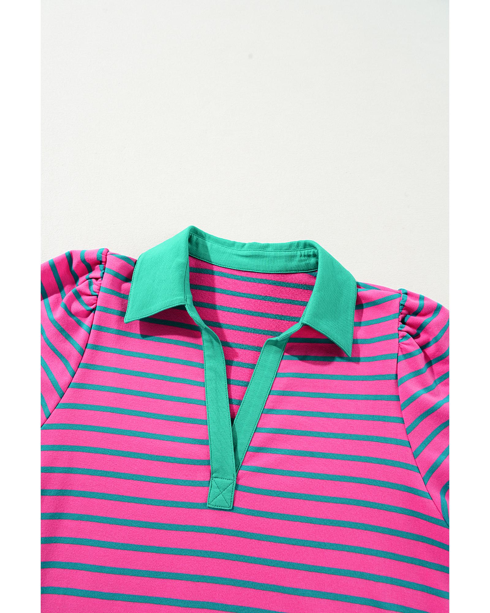 Azura Exchange Pink Stripe Collared V Neck Puff Sleeve T Shirt Dress - L