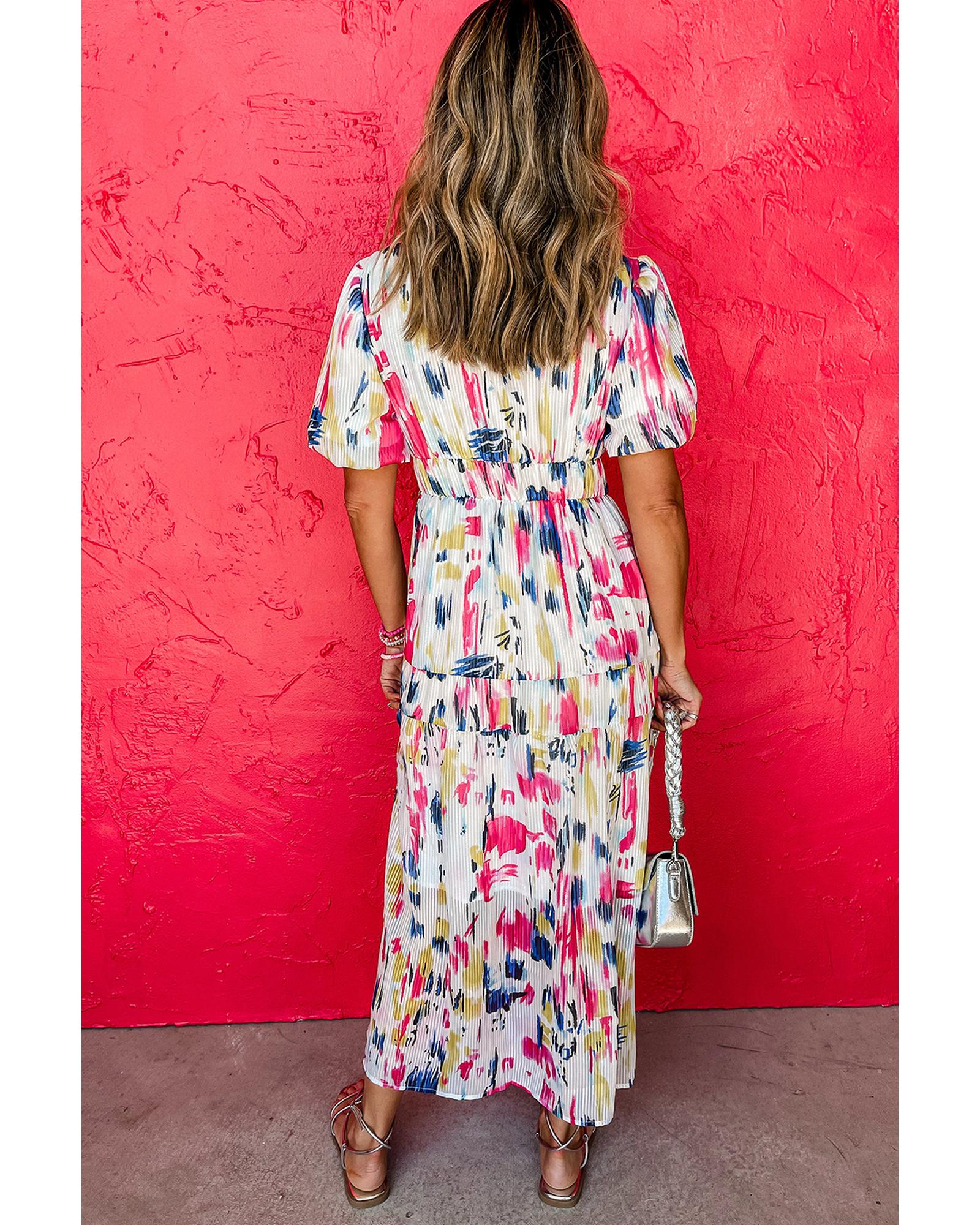 Rose Abstract Print Short Puff Sleeve Tiered Maxi Dress - XL