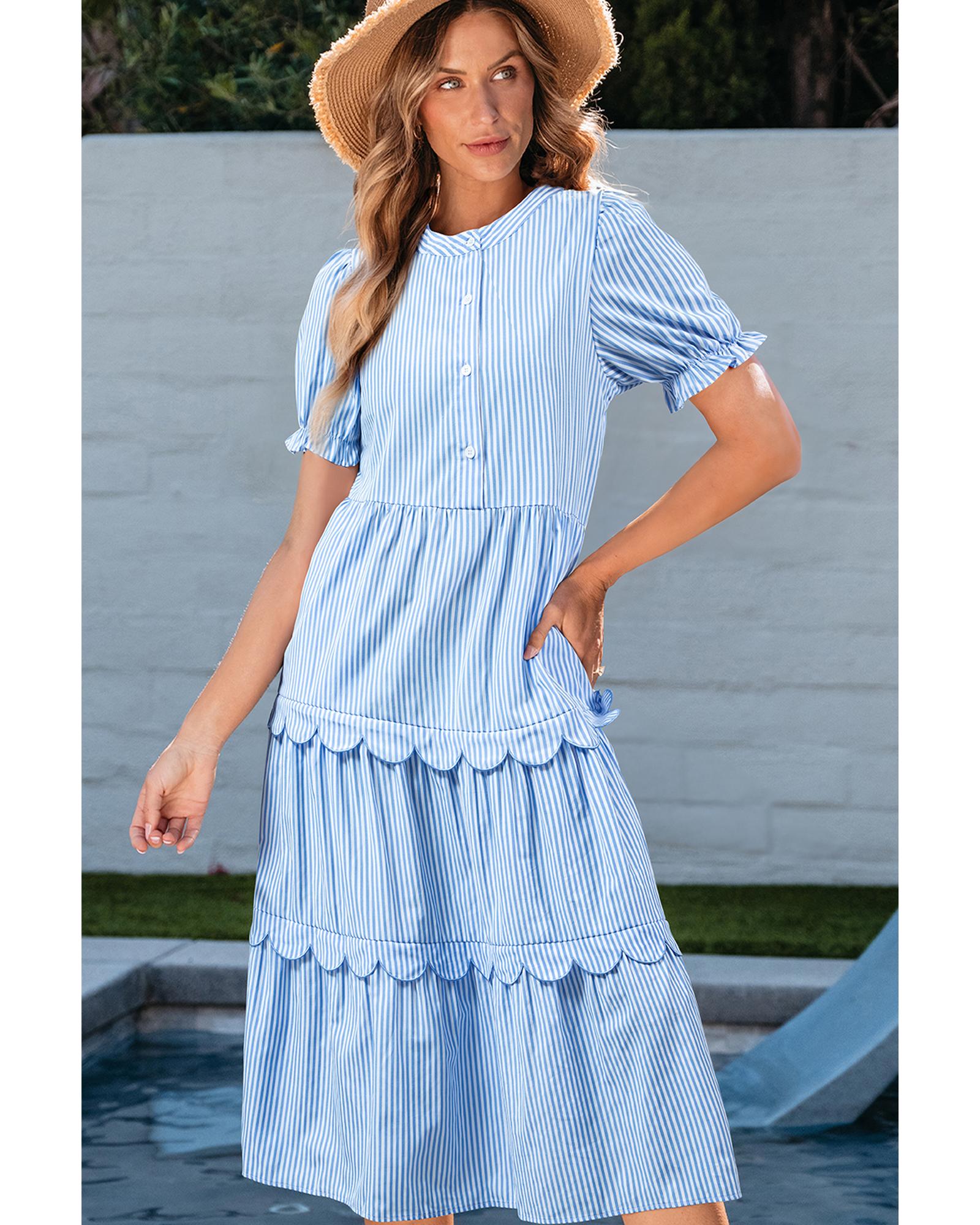 Sky Blue Stripe Bubble Short Sleeve Tiered Scallop Long Dress - L