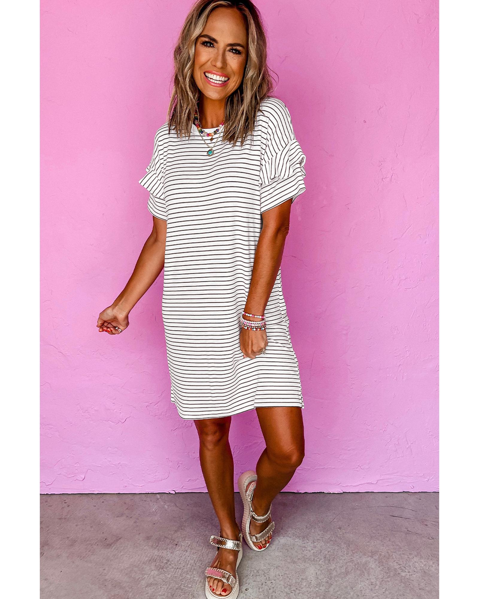 White Stripe Ruffled Short Sleeve Crew Neck T Shirt Shift Mini Dress - L