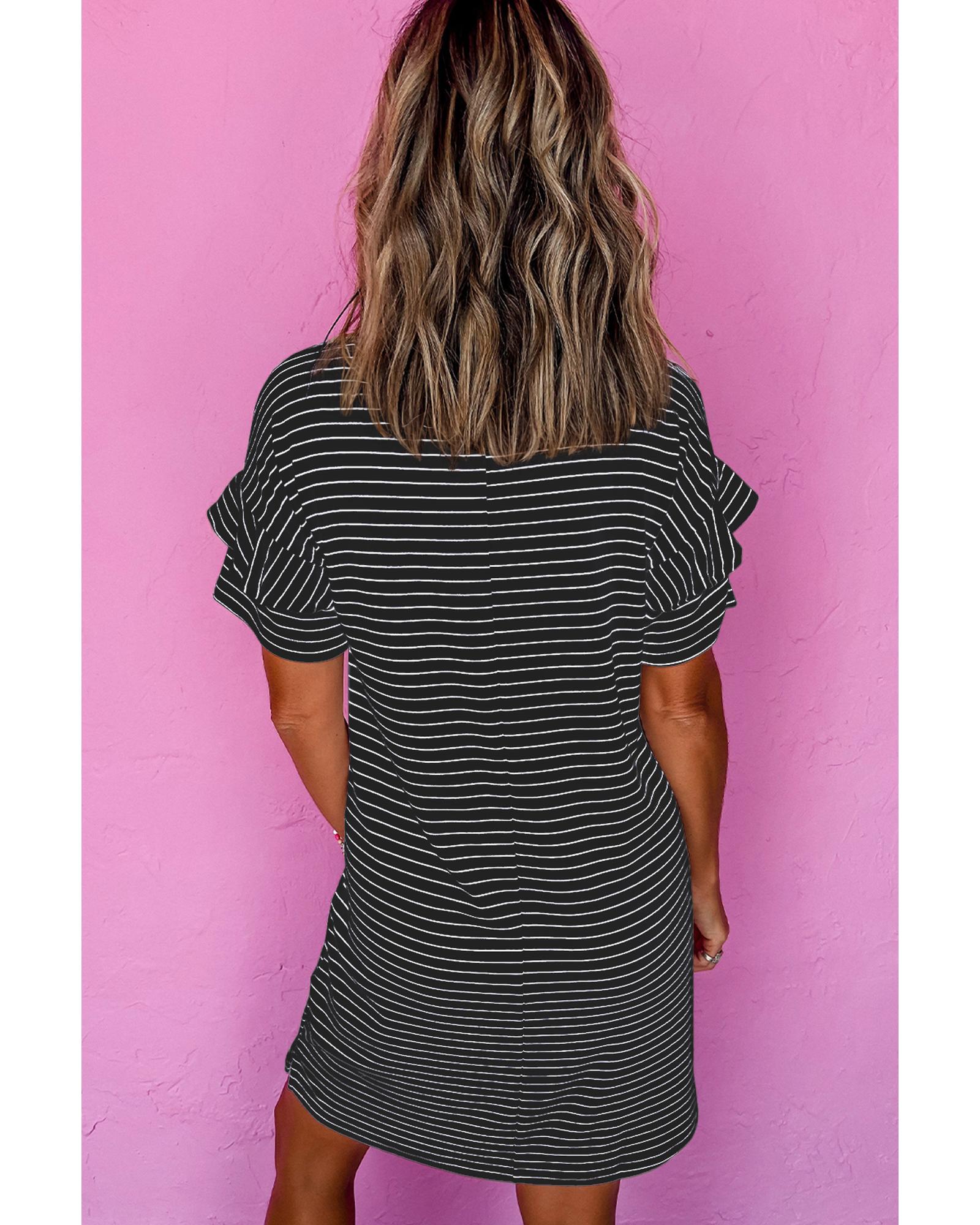 Black Stripe Ruffled Short Sleeve Crew Neck T Shirt Shift Mini Dress - S