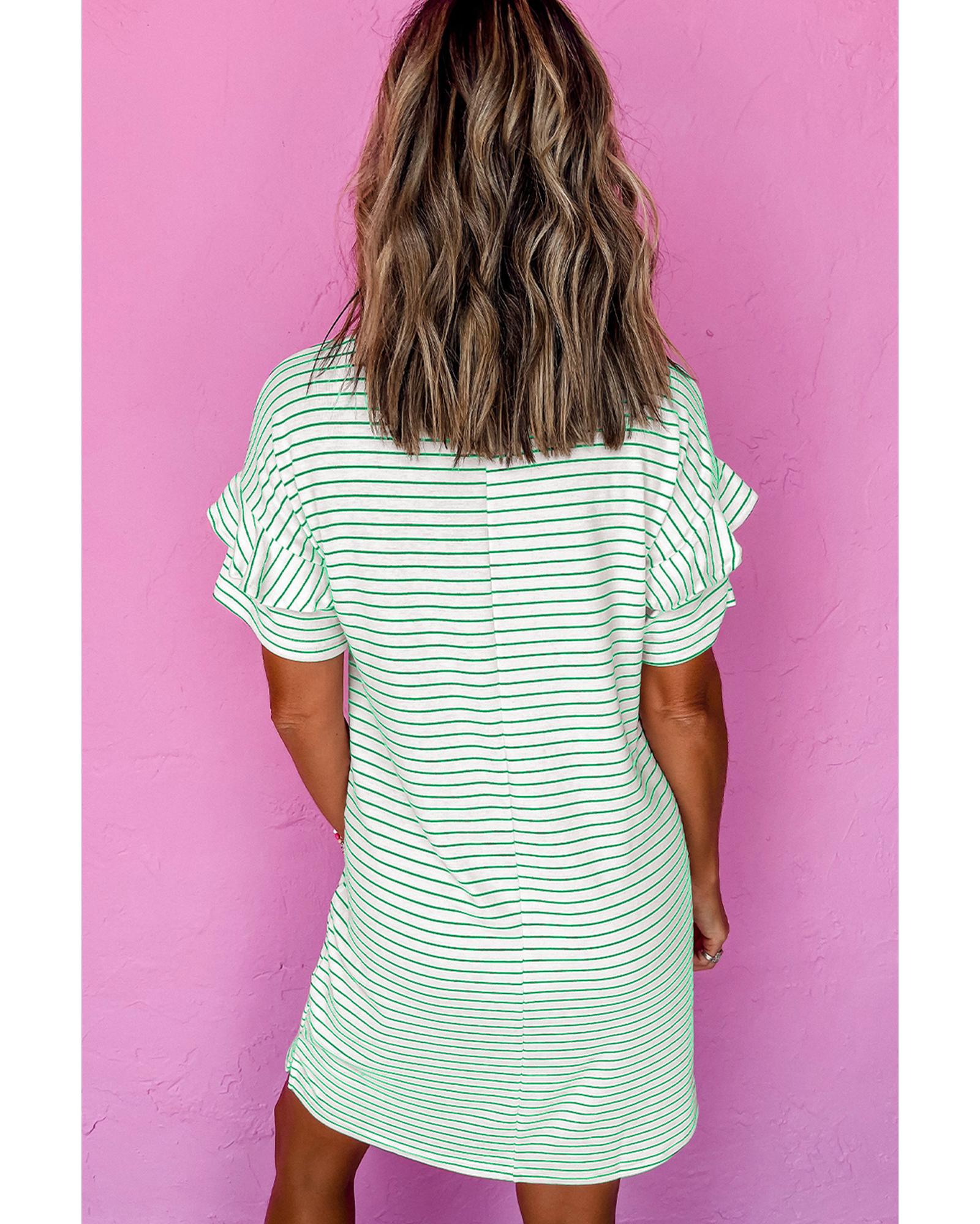 Green Stripe Ruffled Short Sleeve Crew Neck T Shirt Shift Mini Dress - XL