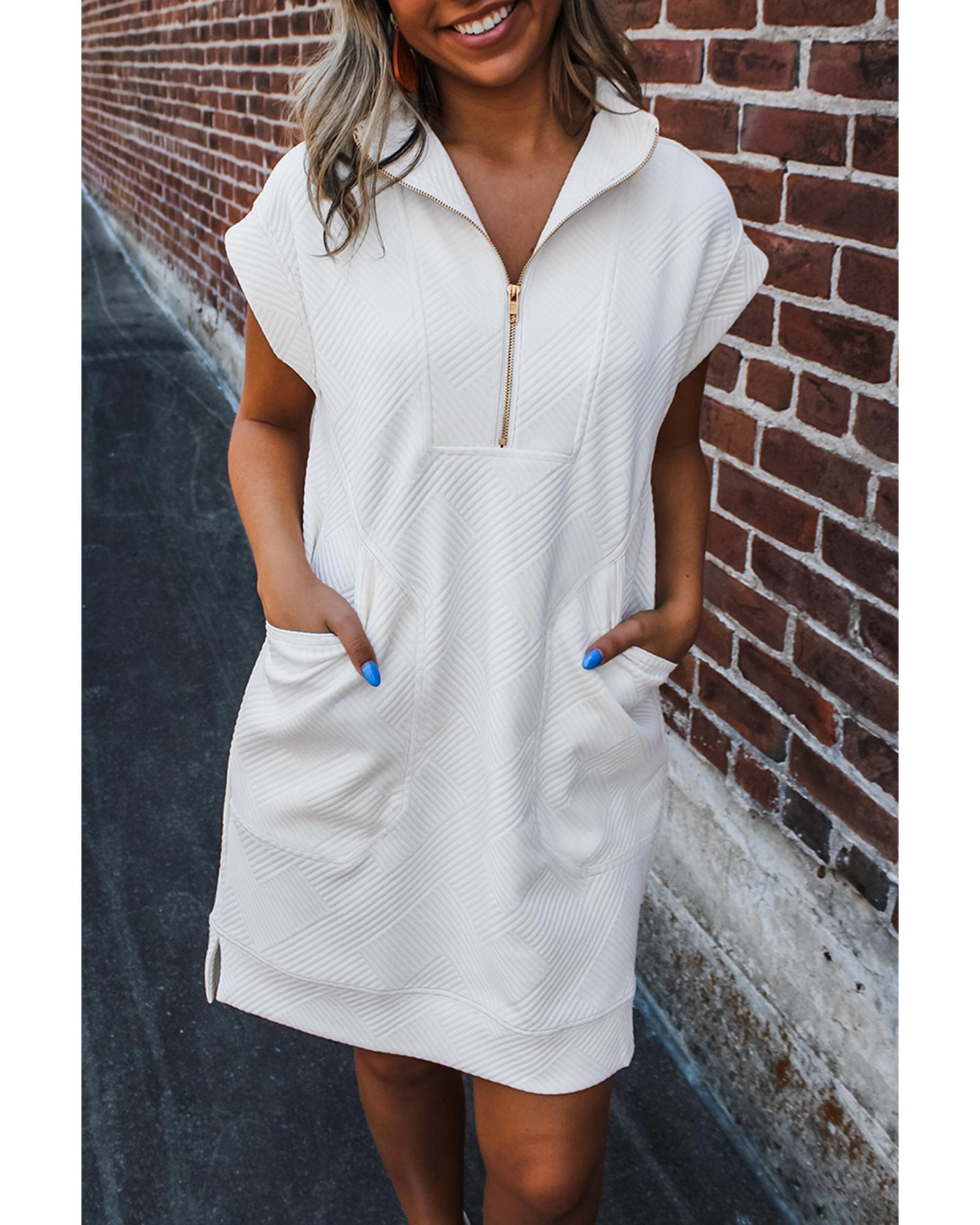 White Textured Half Zip Collared Cap Sleeve Mini Dress - L