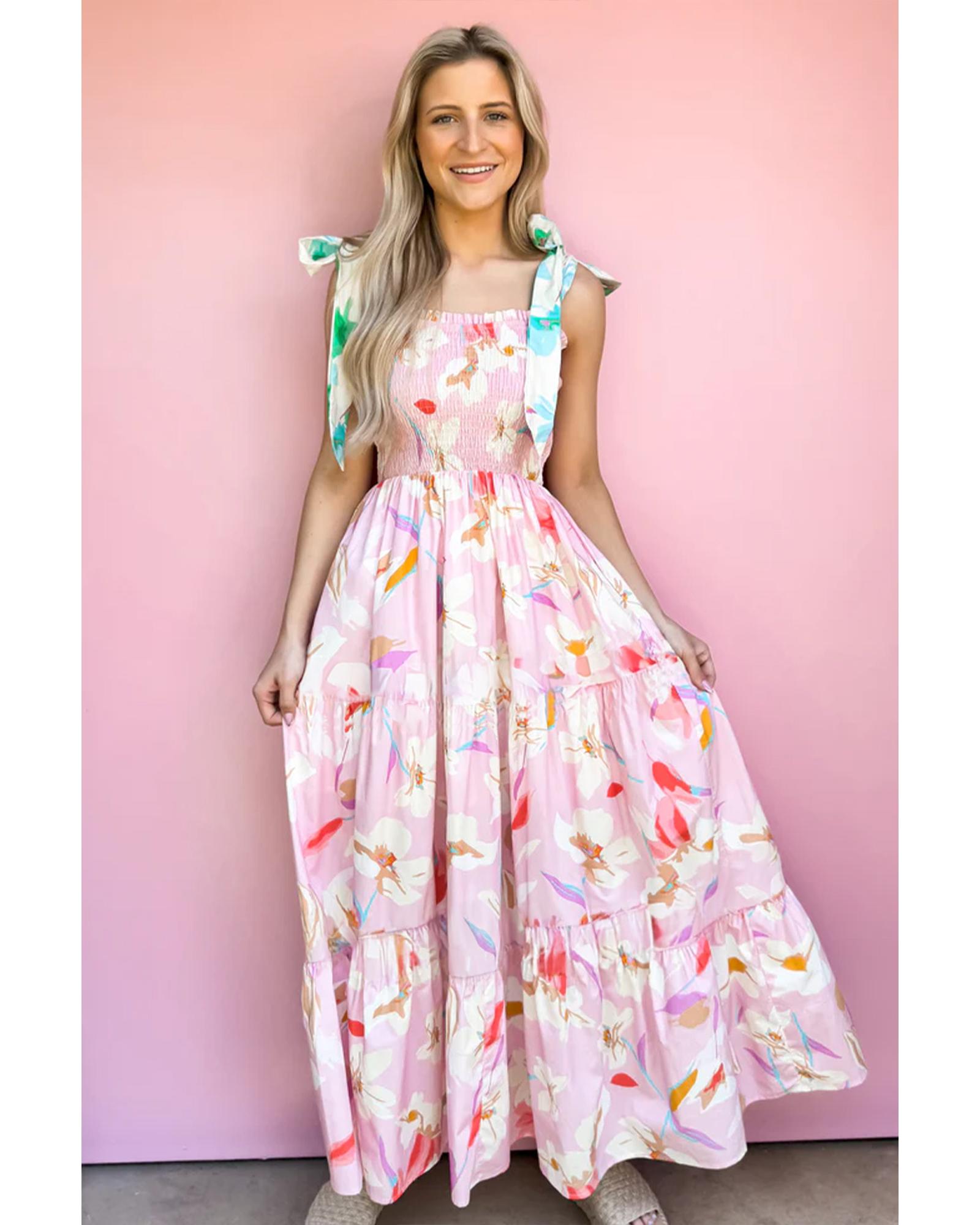 Pink Floral Print Knotted Shoulder Smocked Maxi Dress - S