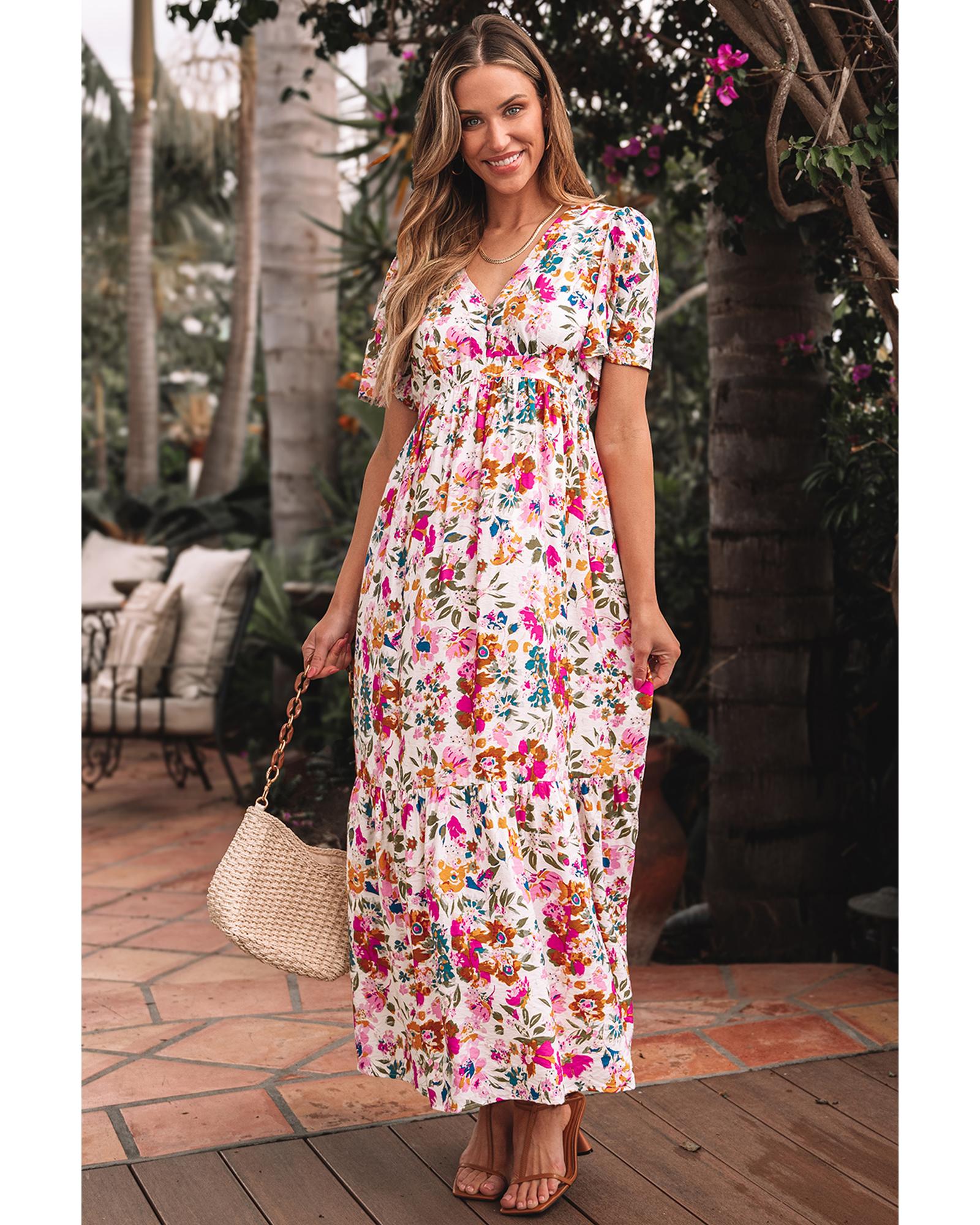 Red Floral Short Sleeve V Neck High Waist Maxi Dress - S