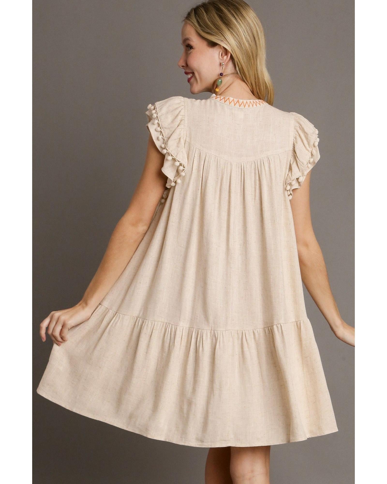 Jet Stream Linen Embroidery Split Neck Pom Pom Ruffle Sleeves Flowy Short Dress - M
