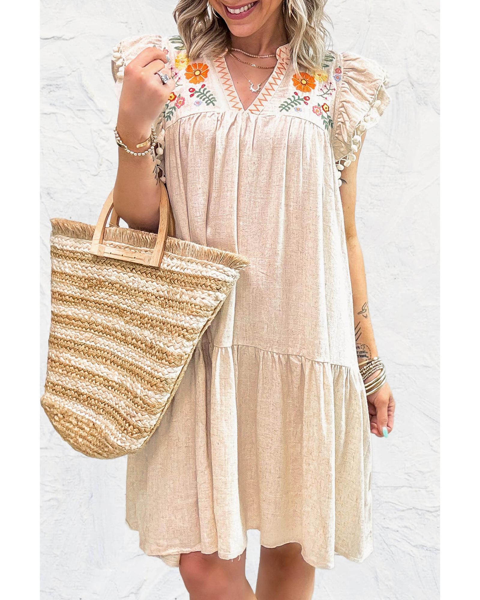 Jet Stream Linen Embroidery Split Neck Pom Pom Ruffle Sleeves Flowy Short Dress - S